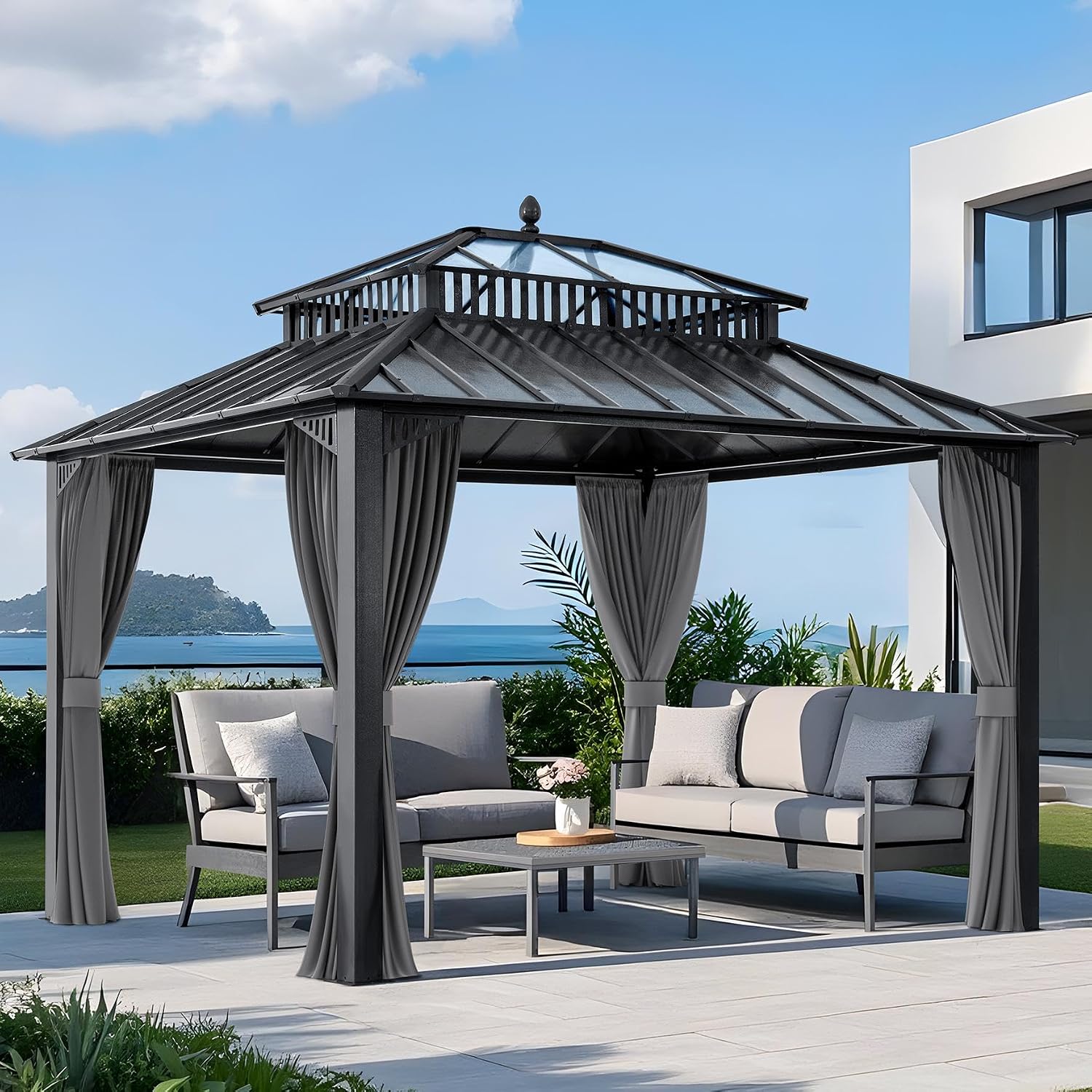 SUNJOY Kingston 12' x 10' Hardtop Gazebo with Galvanized Steel/Polycarbonate Double Roof, Curtain and Netting, Gray Aluminum Posts Permanent Pavilion Gazebo for Garden, Patio, Deck, Lawn