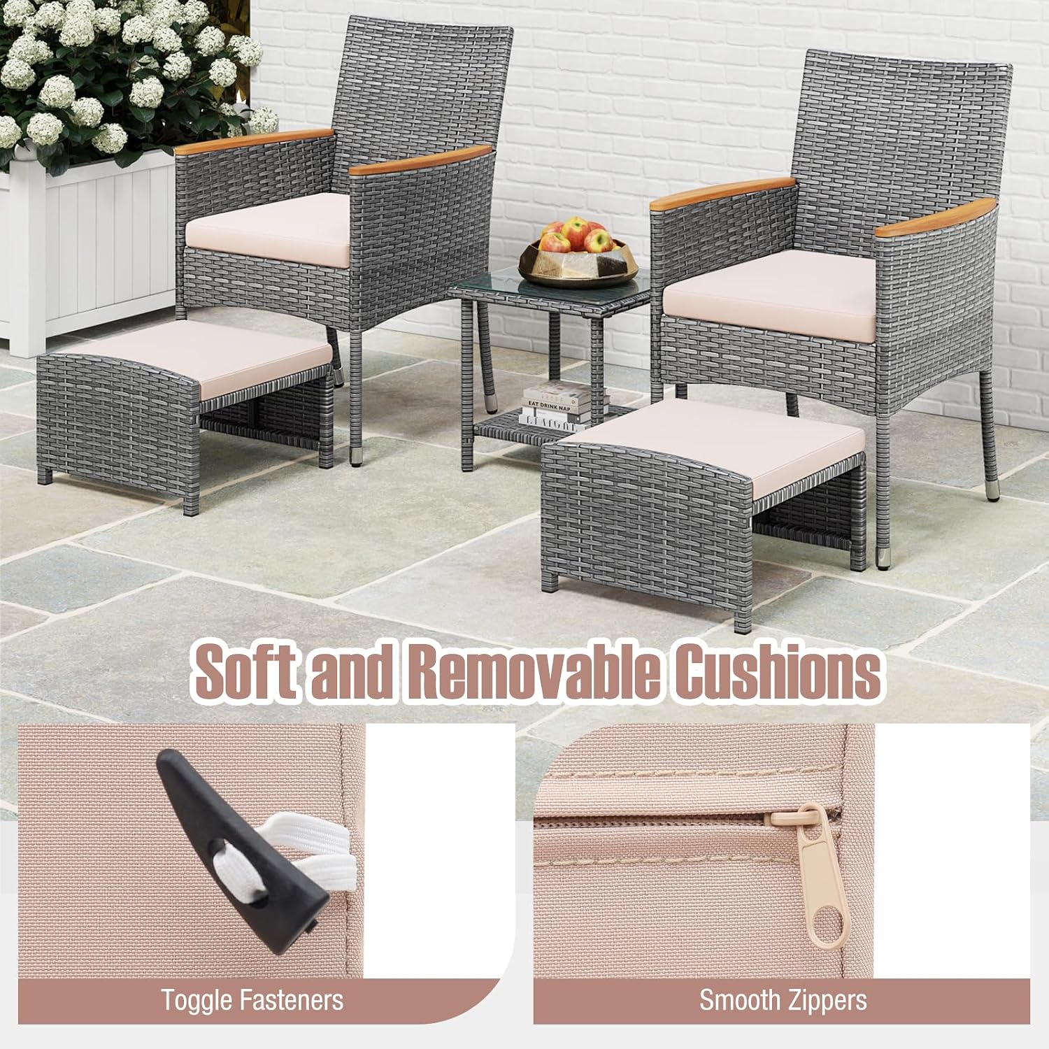 Tangkula 5 Pieces Patio Conversation Set, Outdoor PE Rattan Chairs with Soft Cushions, Ottomans & Tempered Glass Top Table, Acacia Wood Armrests, Patio Furniture Set (Mix Grey+Beige)