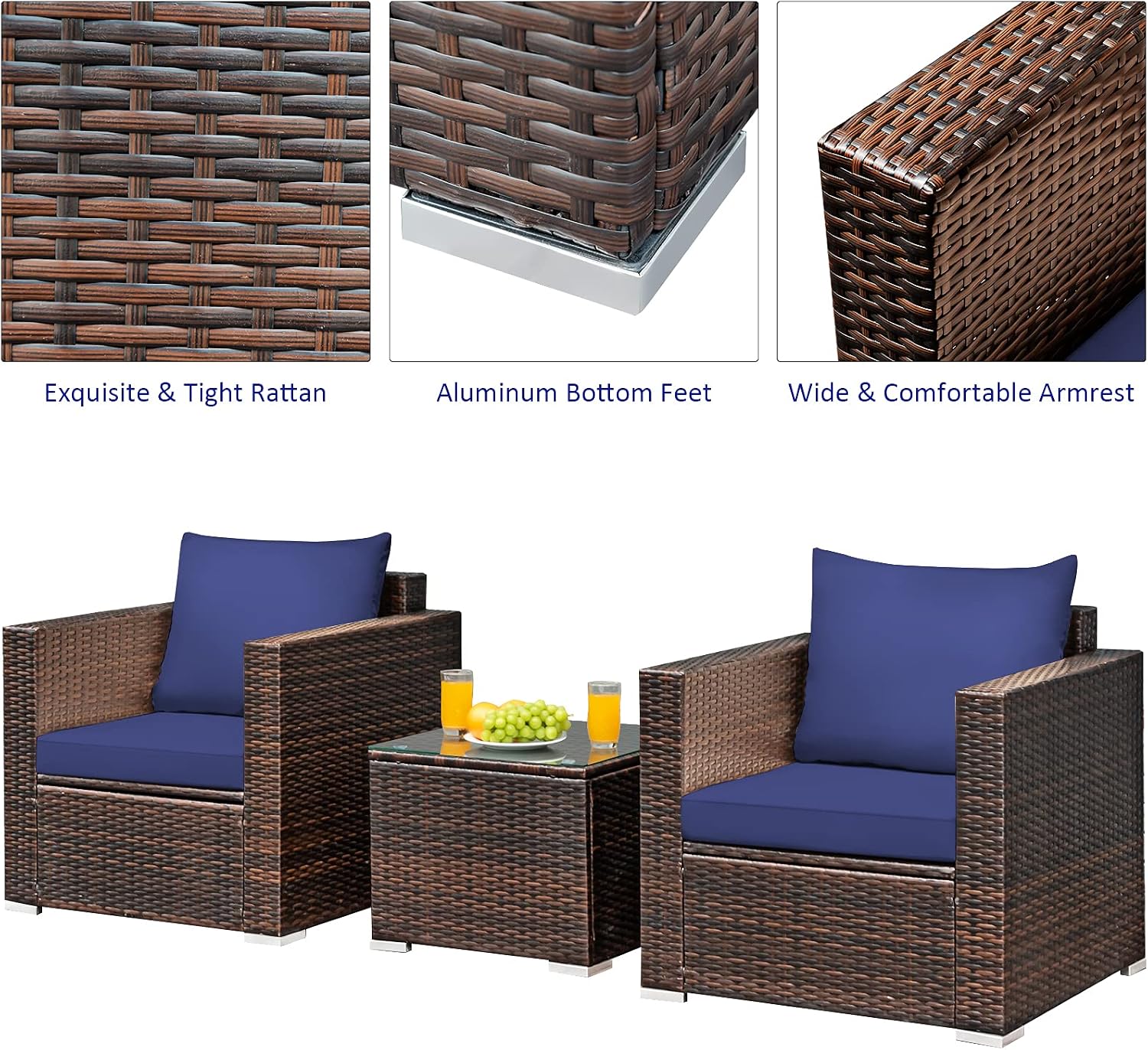Tangkula 3 Pieces Patio Furniture Set, Outdoor Conversation Rattan Furniture Set w/Washable Cushion and Tempered Glass Tabletop, PE Rattan Wicker Sofa Set for Garden Poolside Balcony