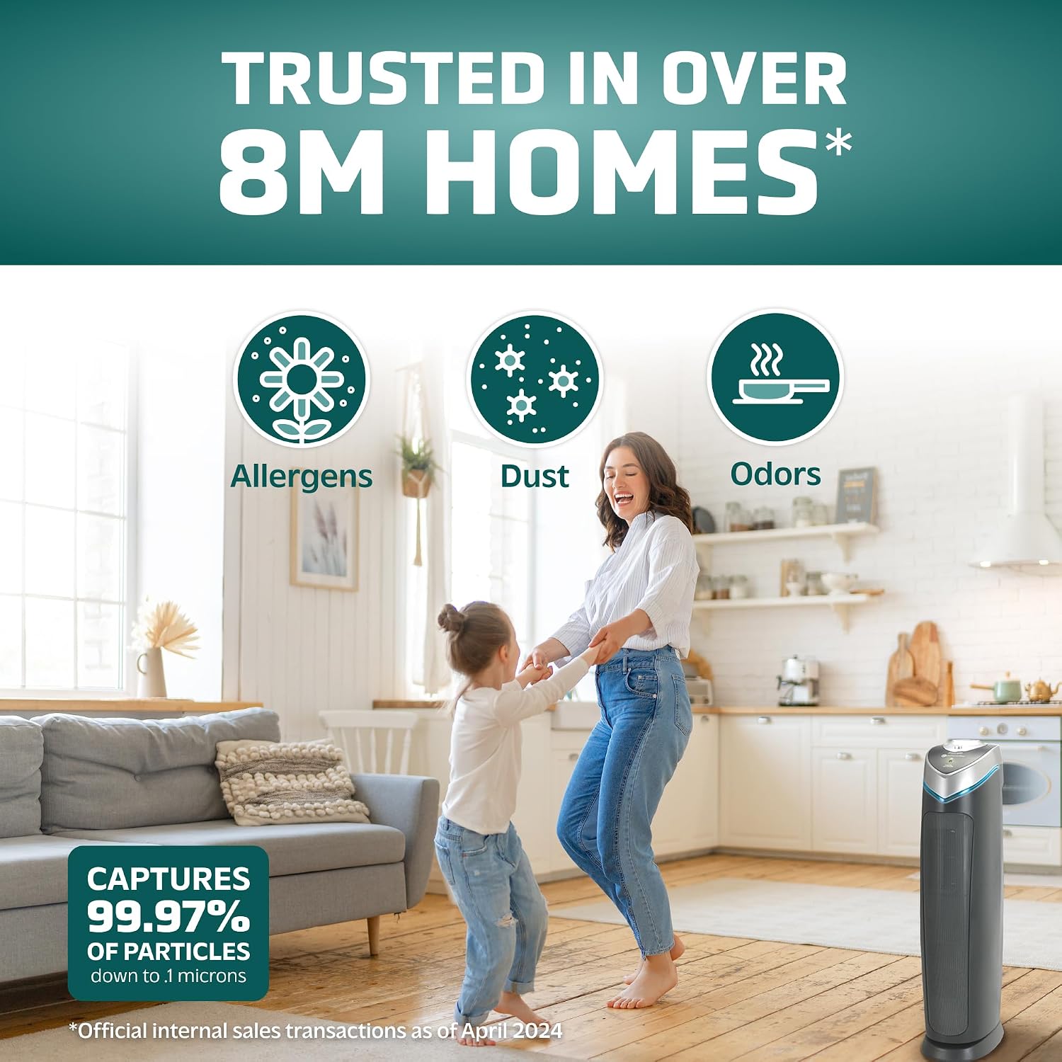 GermGuardian 3-In-1 HEPA Air Purifier for Home, Large Rooms Up To 915 Sq. Ft. with HEPA Air Filter, UV-C Light & Odor Reduction, AC5000E, 28' Tower, Gray