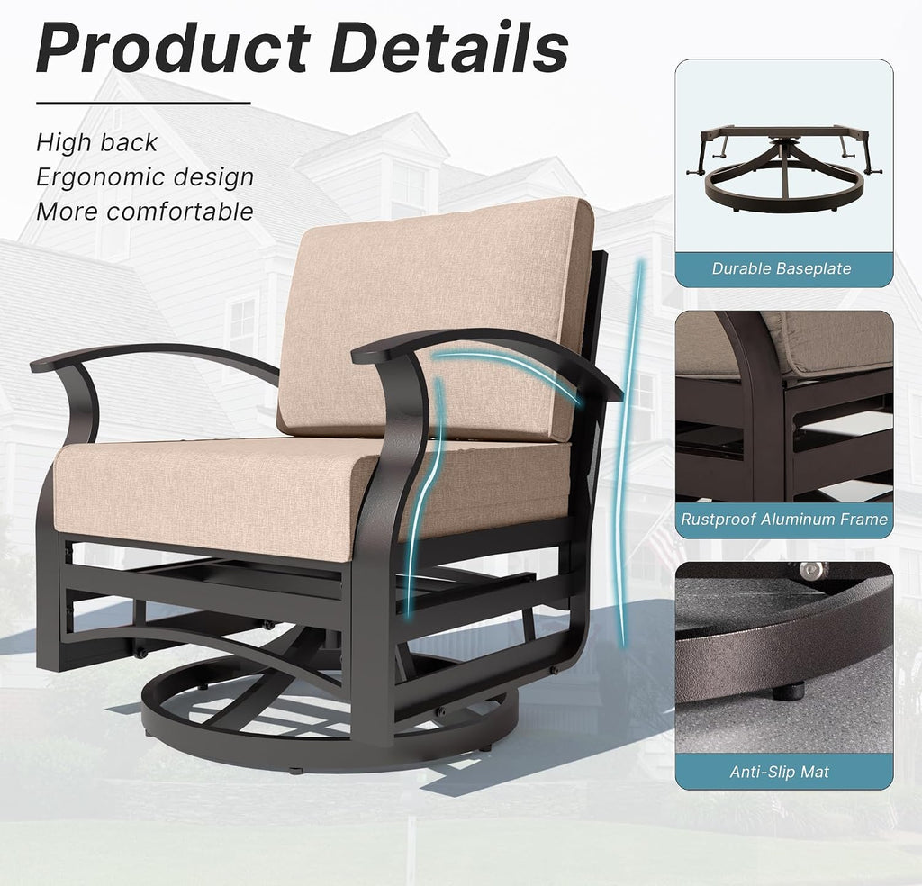 Kurapika 3 Pieces Patio Furniture Set, Outdoor Aluminum Swivel Gliders Rocker, Patio Bistro Set Rocking Chair with Thickened Cushions and Side Table for Porch Garden Deck (Sand)