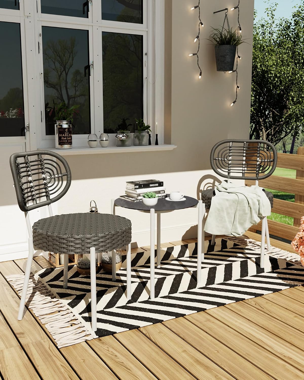 3 Piece Wicker Patio Bistro Furniture Set, Outdoor Dining Chairs, Includes 2 Rattan Chairs and Tempered Glass Table, for Garden, Backyard, Balcony, Apartment, White & Grey