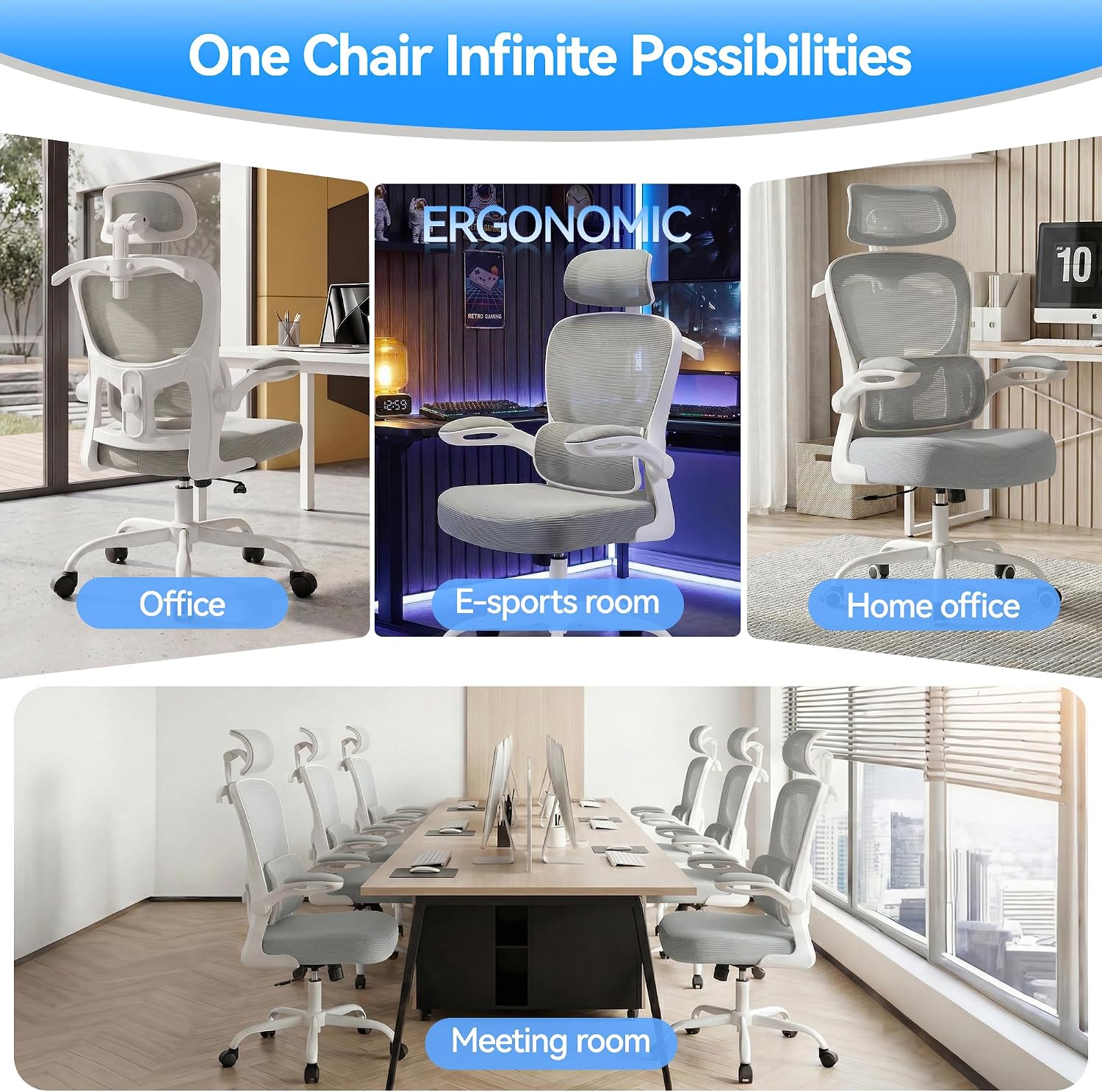 AreShark Office Chair Ergonomic Desk Chairs with Adjustable Lumbar Support& Headrest Hanger, High Back Breathable Mesh Chair with Wheels, Rolling Swivel Comfy Task Computer Chair for Home Work Gaming