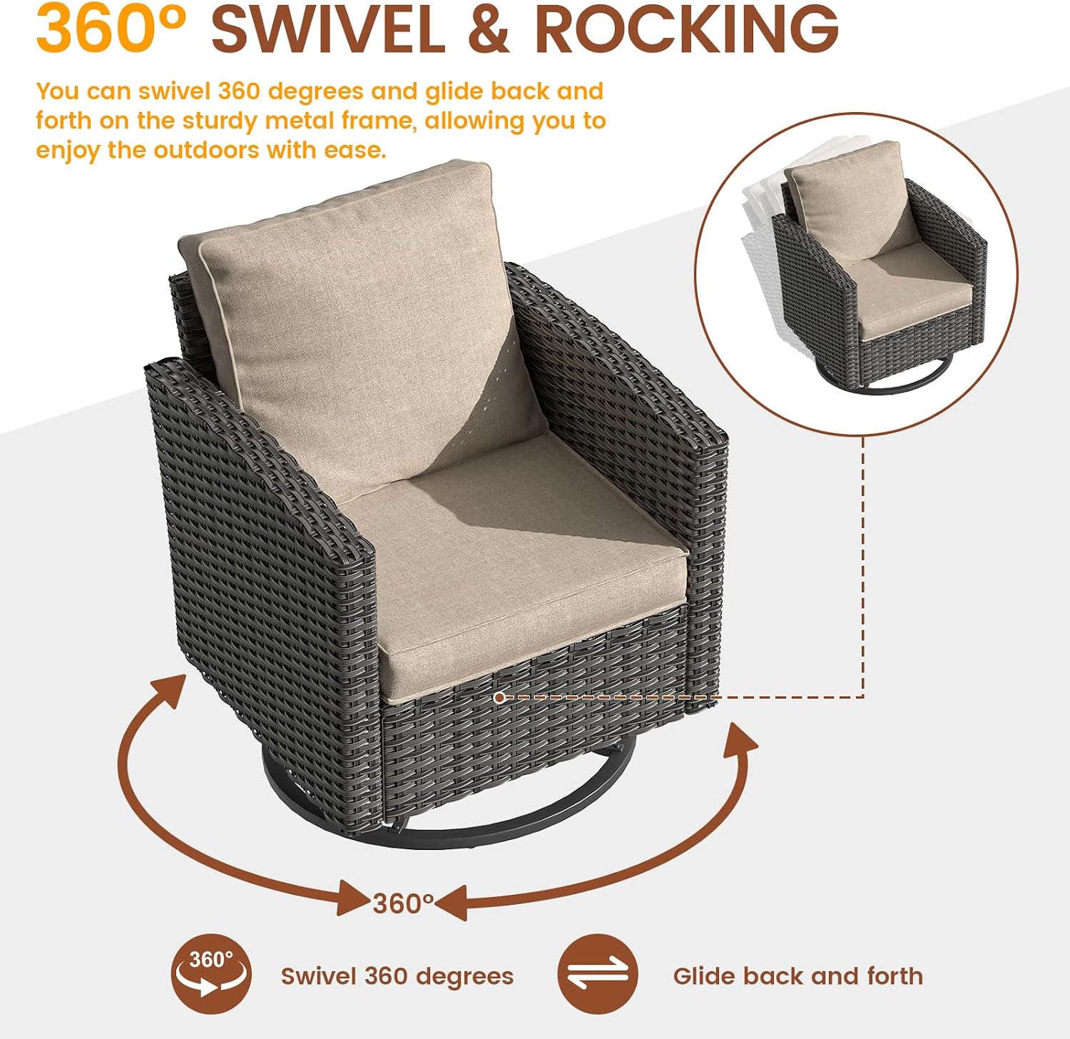 UDPATIO Patio Furniture Set, 6 Pieces Outdoor Sectional Couch, Gray Wicker Rattan Conversation Sofa with Swivel Rocking Chair, 4' Thick Cushion for Garden Backyard Deck, Khaki