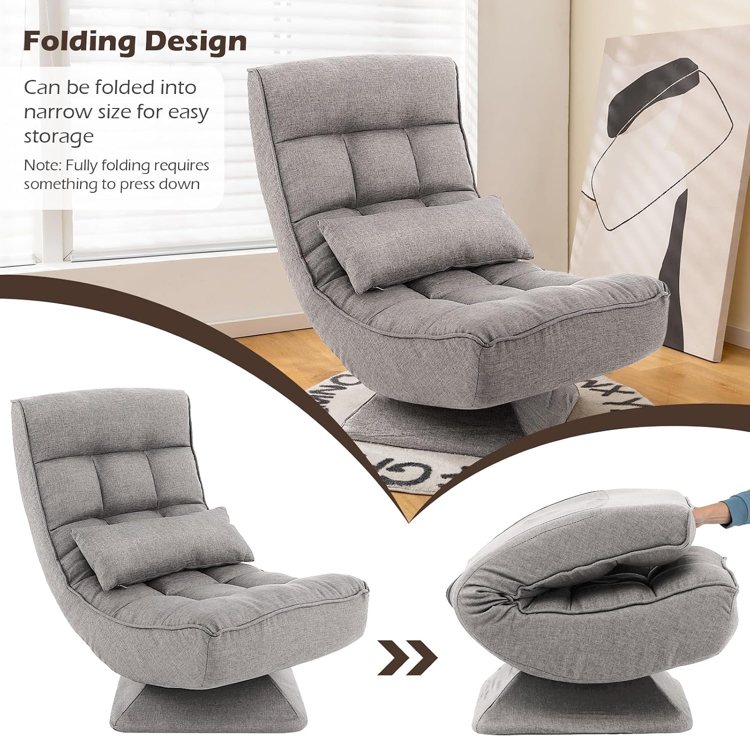 Giantex Adjustable Swivel Floor Chair - 5 Position Video Game Chair with Swivel Base, Steel Frame, Massage Lumbar Pillow, Foldable Lazy Sofa Lounger for Adults Teens, Meditating, No Assembly (Gray)
