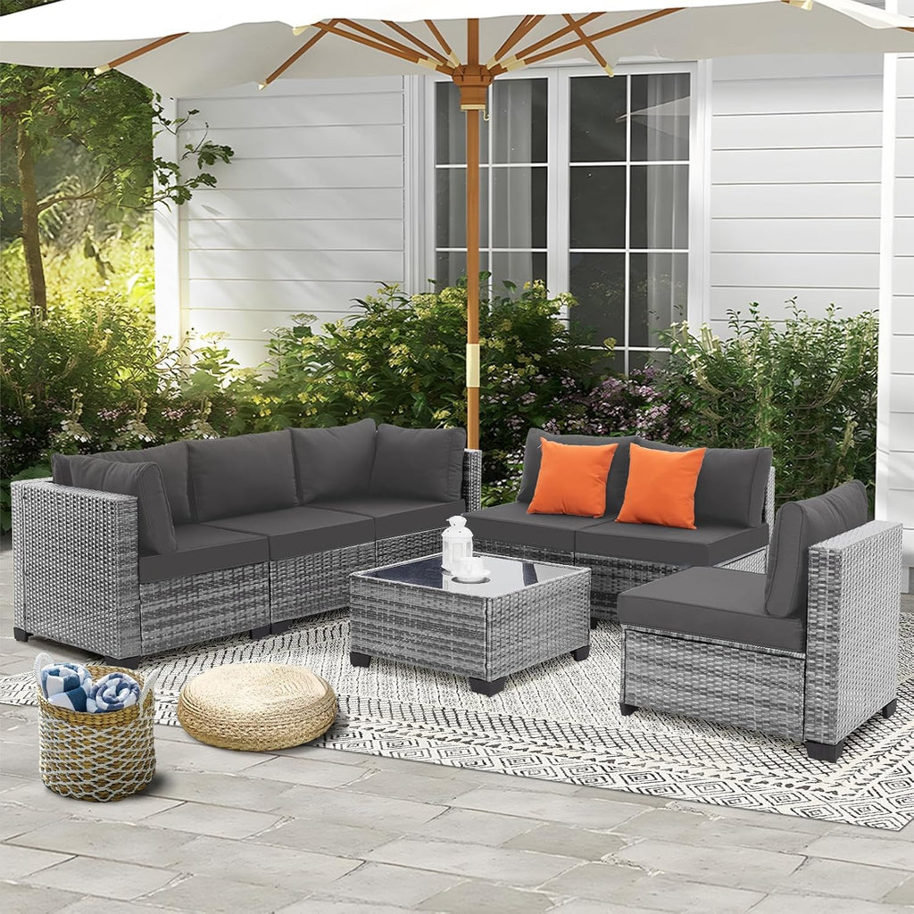 FHFO 7 Pieces Outdoor Patio Furniture Set, Outdoor Conversation Sets Wicker Sectional Couch Rattan Sofa with Thick Cushions & Coffee Table for Garden, Balcony, Backyard, Grey-Grey