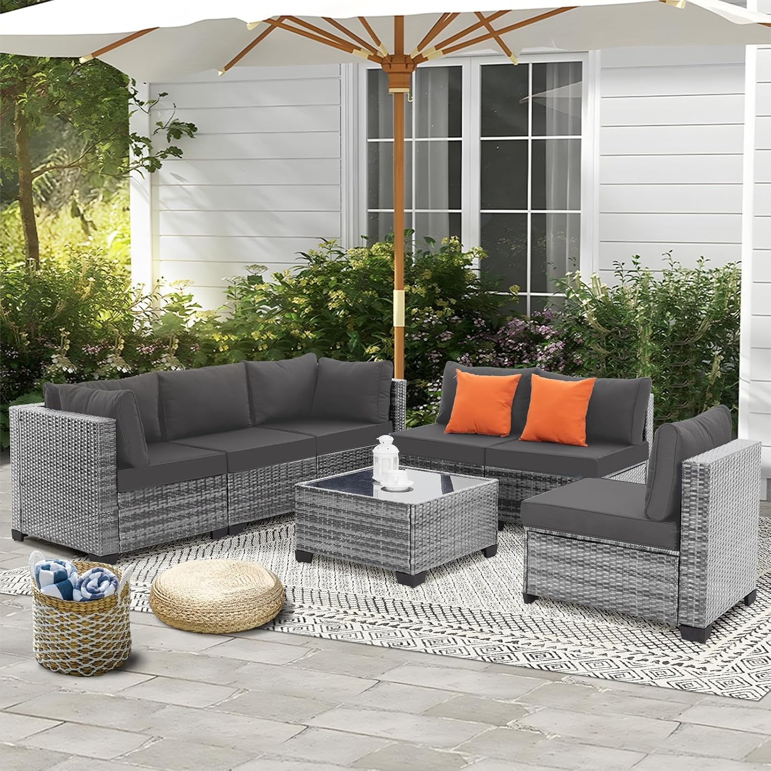 FHFO 7 Pieces Outdoor Patio Furniture Set, Outdoor Conversation Sets Wicker Sectional Couch Rattan Sofa with Thick Cushions & Coffee Table for Garden, Balcony, Backyard, Grey-Grey