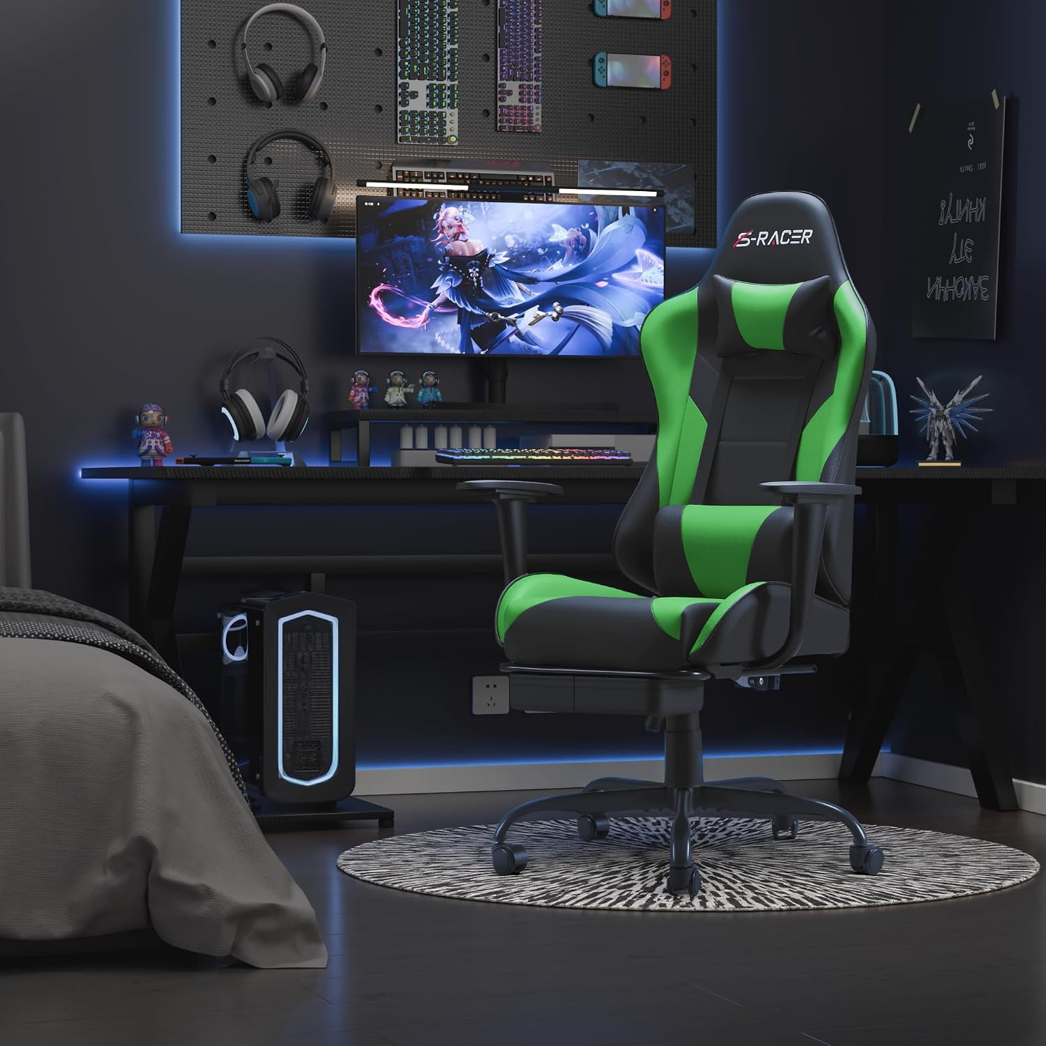 Homall Gaming Chairs, Computer Chair with Footrest and Massage Lumbar Support, Height Adjustable Game Chair with Headrest and Swivel Seat (Light Green)