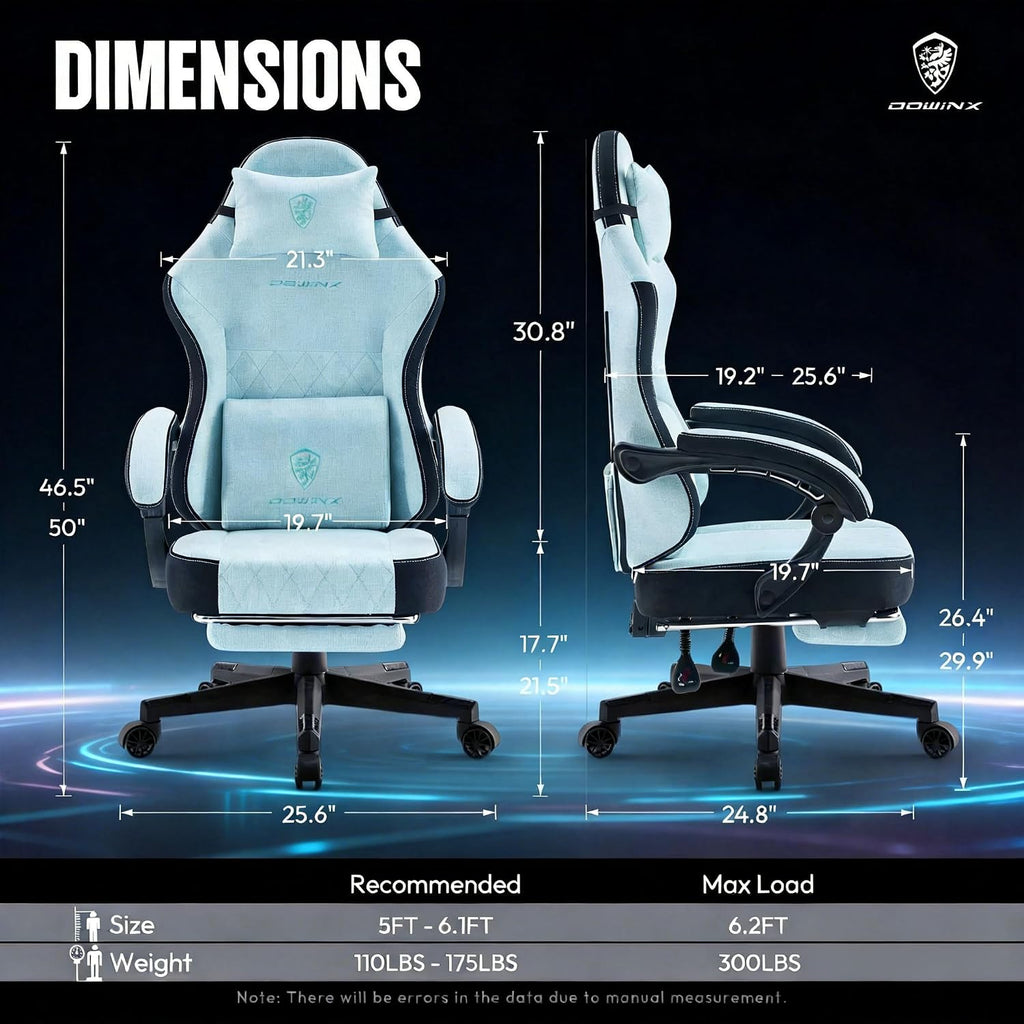 Dowinx Gaming Chair, Breathable Fabric Computer Chair with Pocket Spring Cushion, Ergonomic Massage Gamer Chair with Lumbar Support and Footrest, Height Adjustable Office Game Chairs for Adults, Aqua