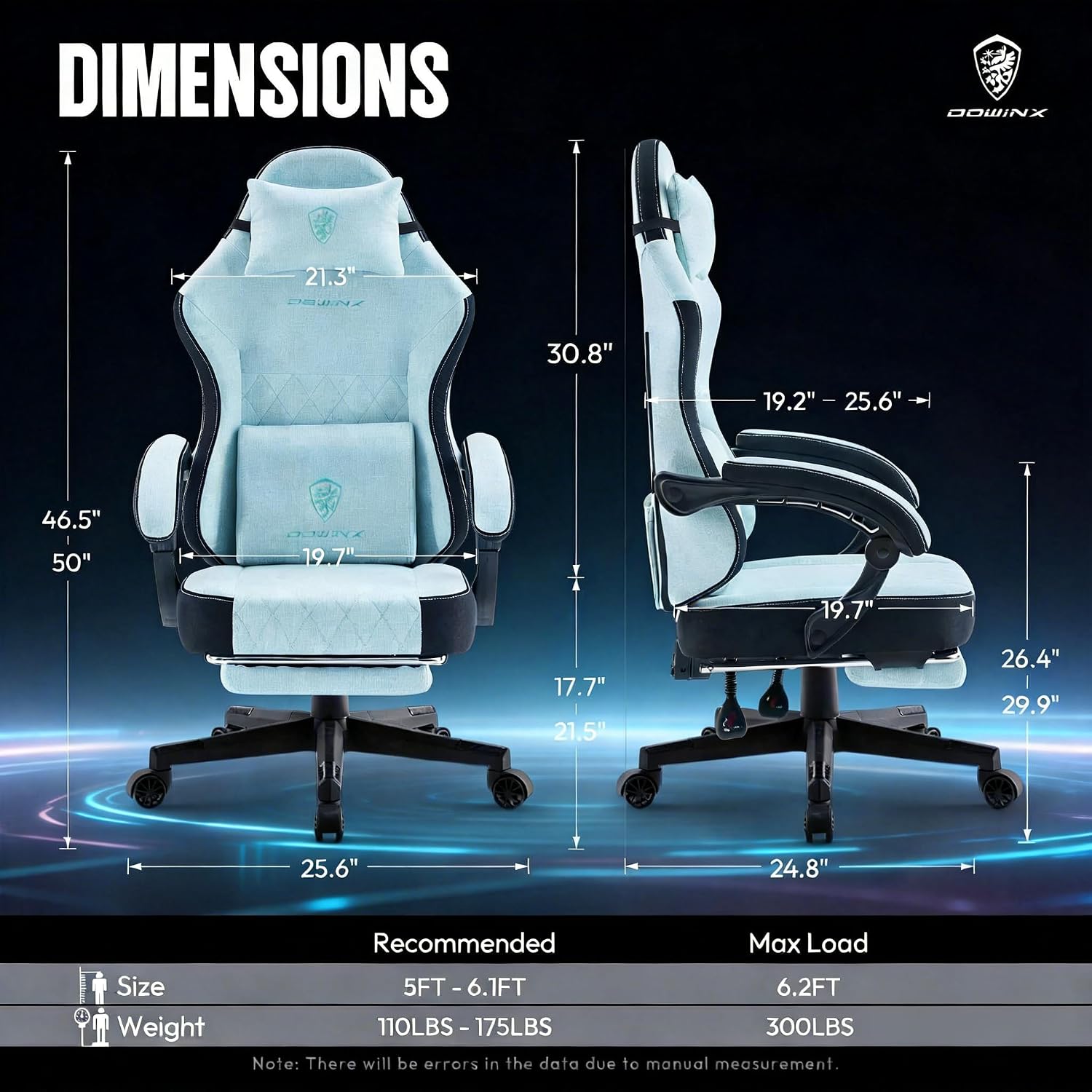 Dowinx Gaming Chair, Breathable Fabric Computer Chair with Pocket Spring Cushion, Ergonomic Massage Gamer Chair with Lumbar Support and Footrest, Height Adjustable Office Game Chairs for Adults, Aqua