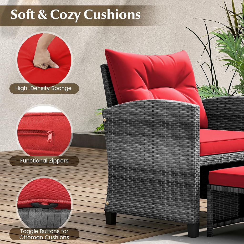 KOTEK 5 Pieces Patio Furniture Set with Ottomans, Wicker Patio Conversation Set with Coffee Table & Cushions, PE Rattan Outdoor Lounge Chairs for Backyard, Porch, Poolside (Mix Grey- Red)