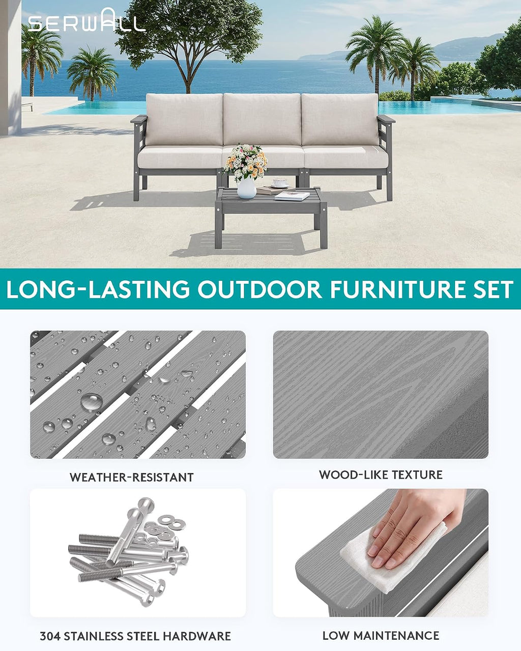 SERWALL HDPE Patio Furniture Set, 2 Pieces Outdoor Sectional Sofa Set, All-Weather Wood-Like Outdoor Sofa Couch with Coffee Table for Deck, Lawn, Grey Frame with Khaki Cushion