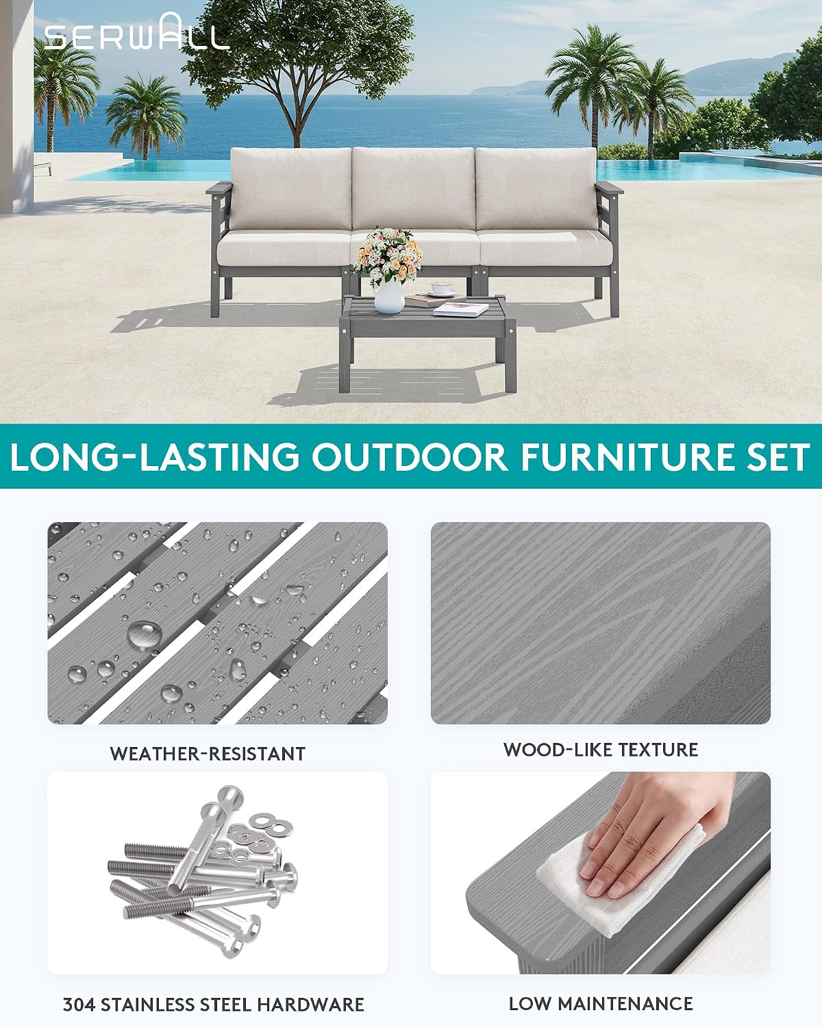 SERWALL HDPE Patio Furniture Set, 2 Pieces Outdoor Sectional Sofa Set, All-Weather Wood-Like Outdoor Sofa Couch with Coffee Table for Deck, Lawn, Grey Frame with Khaki Cushion