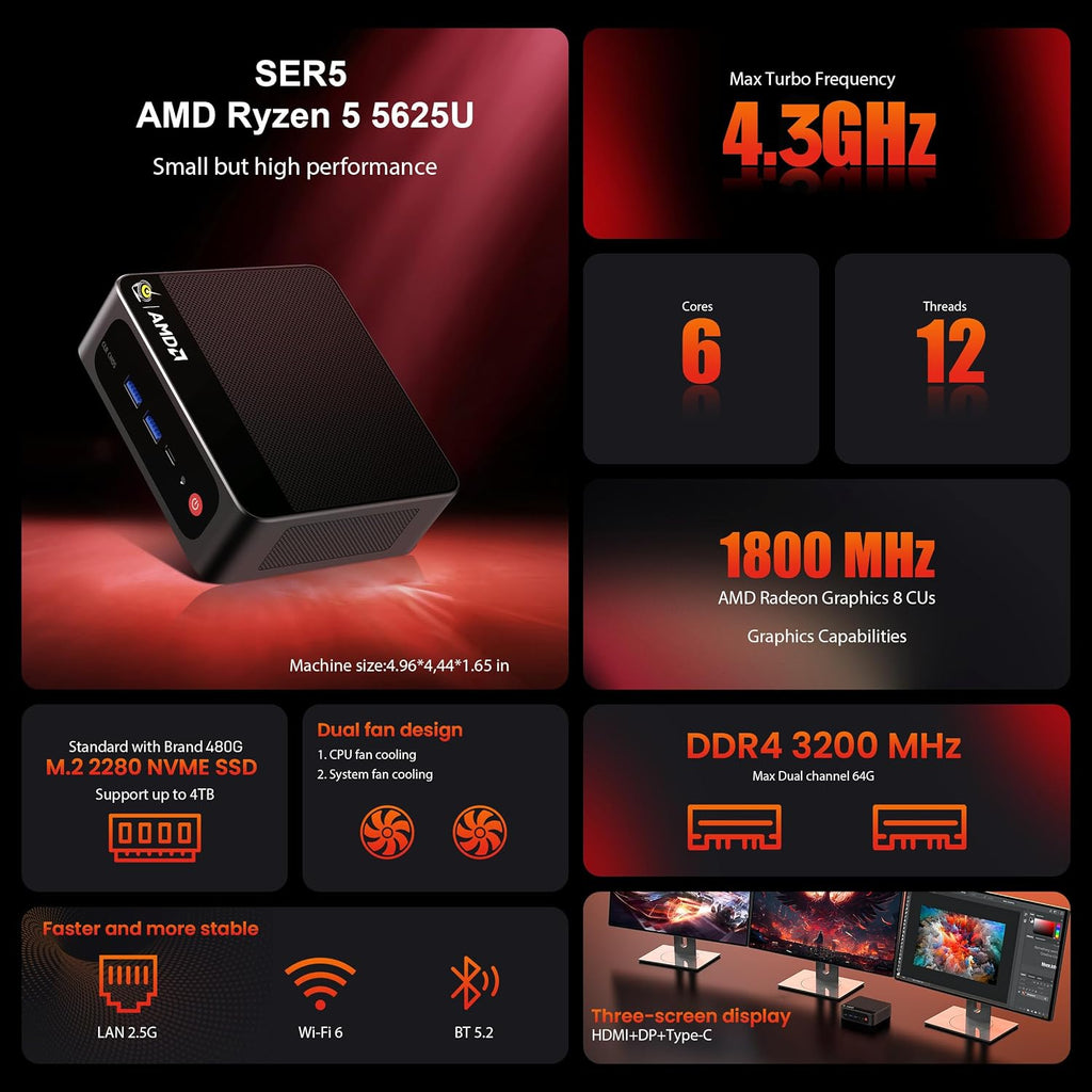 Beelink Mini PC, SER5 Pro 5625U AMD Ryzen 5 (Up to 4.3GHz) 16GB DDR4 480GB M.2 SSD Mini Desktop Computer, 2.5Gbps LAN, Wifi6/BT5.4,HDMI/DP/Type-c/4K Triple Display Micro PC