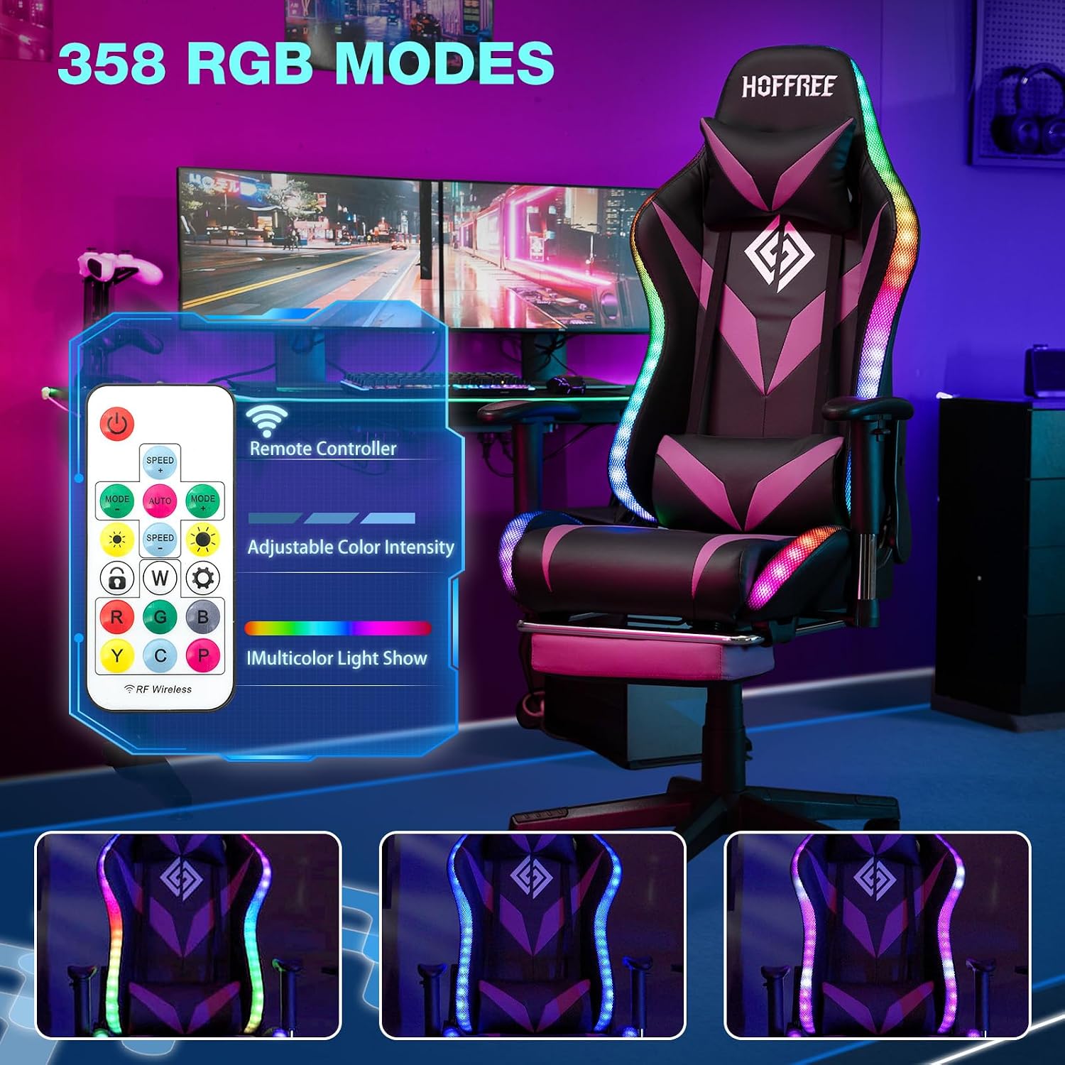 HOFFREE Gaming Chair with Bluetooth Speakers and Led Lights Massage Video Game Chair with Footrest Reclining High Back Computer Gamer Chair Purple and Black