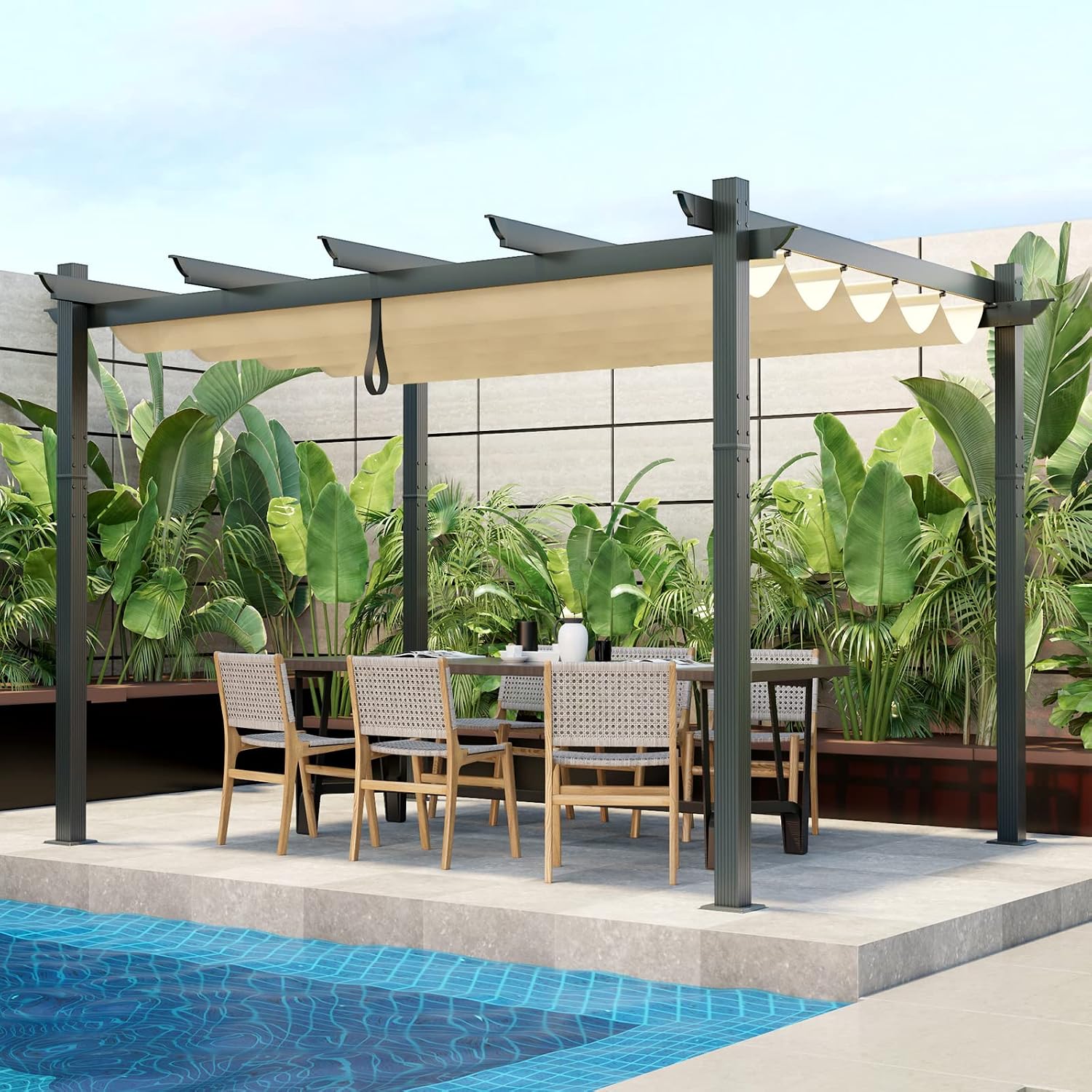 Tangkula 10x12 Ft Heavy-Duty Aluminum Pergola With Retractable Sun Shade Canopy, Extra Large Patio Shelter Pavilion, Metal Structure for Deck, Porch, Garden, Yard - Beige