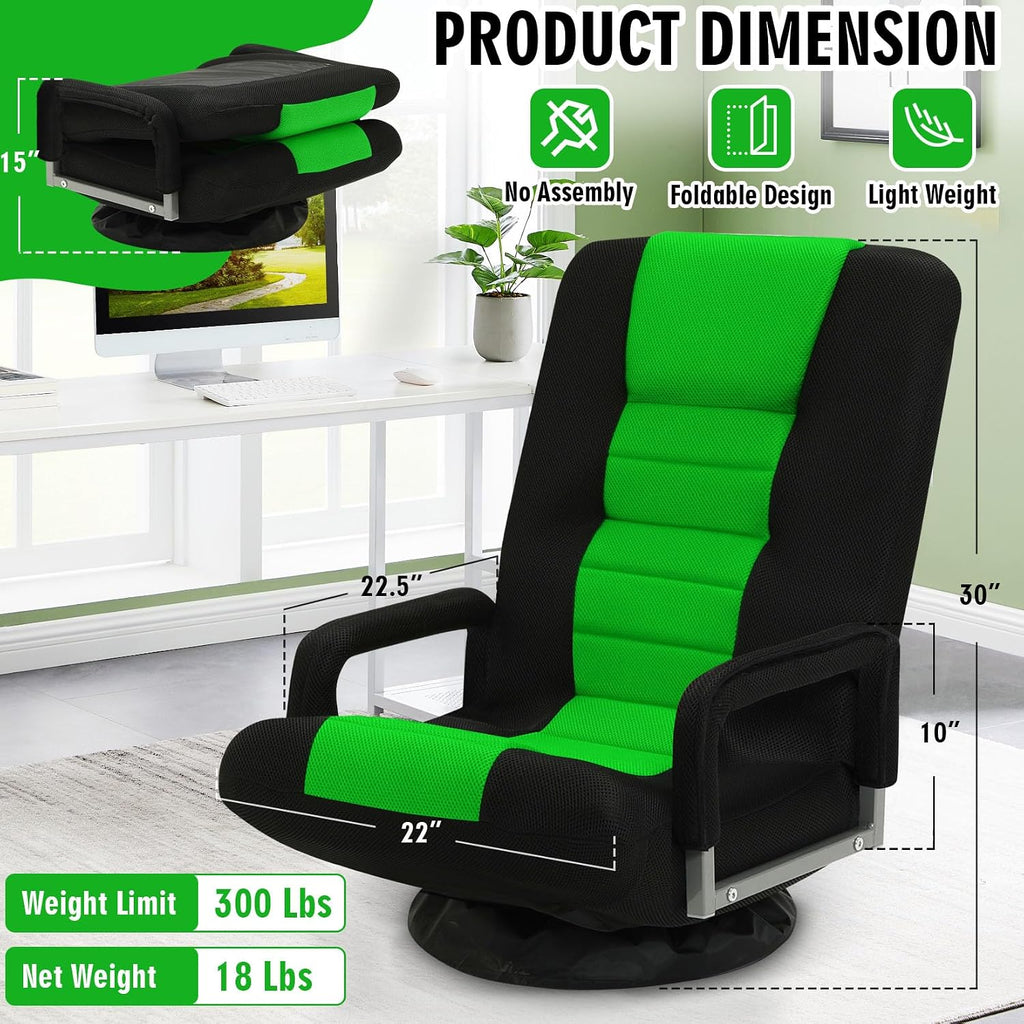Swivel Floor Gaming Chair w/Armrests,Folding Video Reclining Sofa w/6 Adjustable Position, Padded Backrest & Cushion, Lazy Lounger Couch for E-Sports, Reading, Relaxing, Watching TV, Green