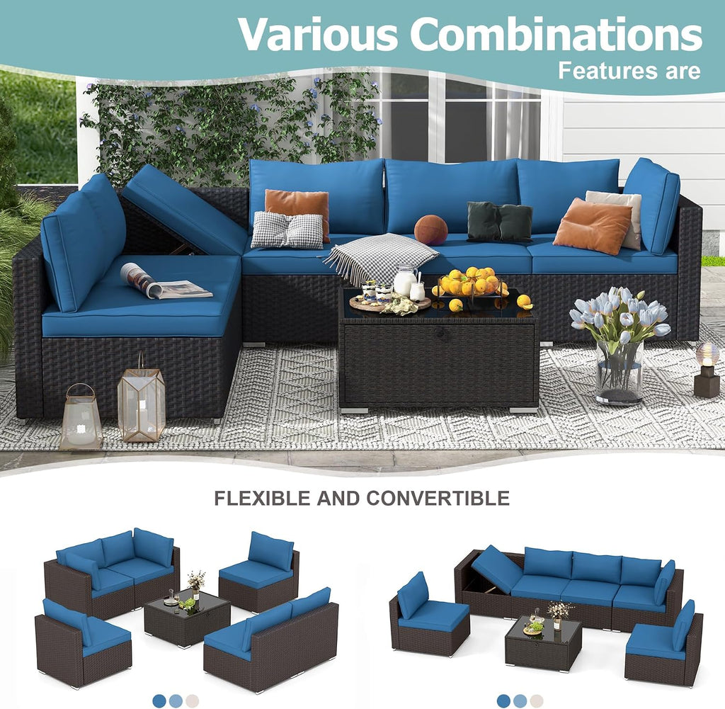 HOMREST 7 Piece Patio Furniture Set with Adjustable Bracket All-Weather Wicker Conversation Set with Coffee Table for Porch Garden Backyard (Blue)
