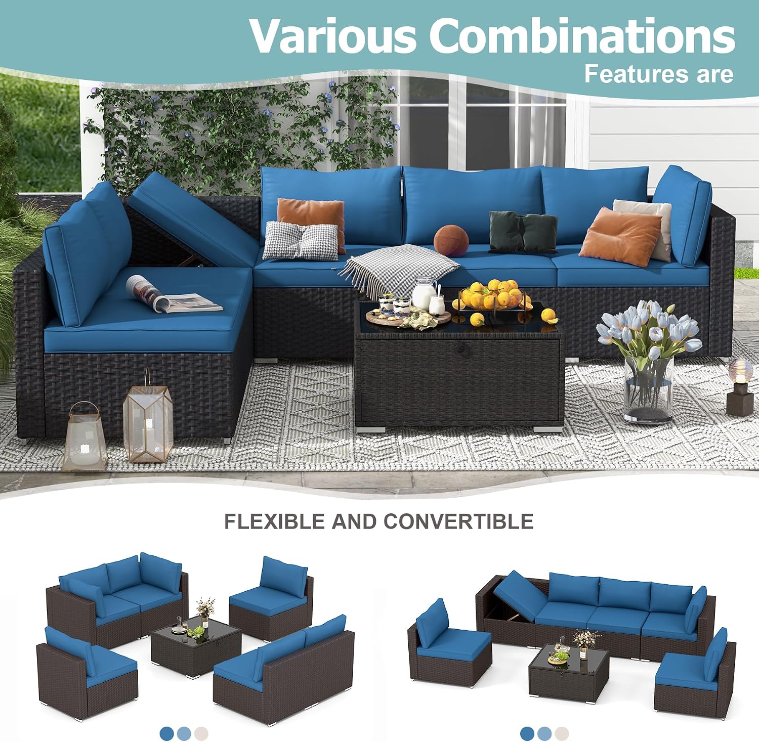 HOMREST 7 Piece Patio Furniture Set with Adjustable Bracket All-Weather Wicker Conversation Set with Coffee Table for Porch Garden Backyard (Blue)