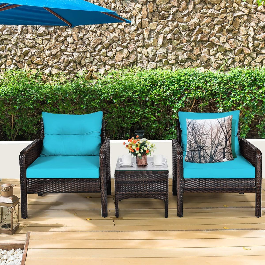 Tangkula 3 Piece Wicker Chairs with Glass Top Coffee Table, Thick Cushions, All Weather Garden Lawn Poolside Backyard Porch Outdoor Patio Furniture Set for 2 (Turquoise)
