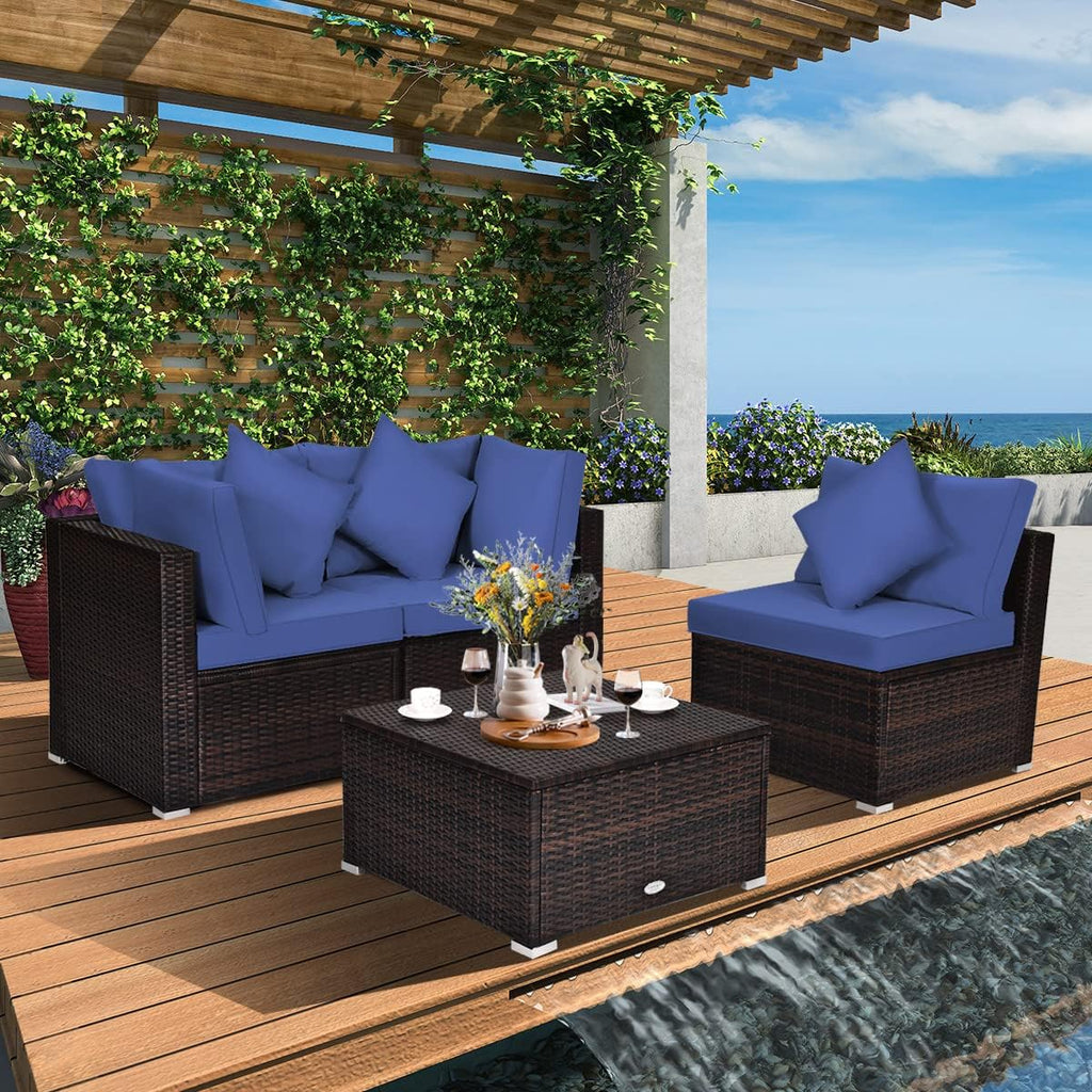 Tangkula 4 PCS Patio Rattan Sofa Set, Outdoor Wicker Sectional Furniture Set, Patio Conversation Set with Removable Cushions & Pillows for Backyard Porch Garden Poolside Balcony (Blue)