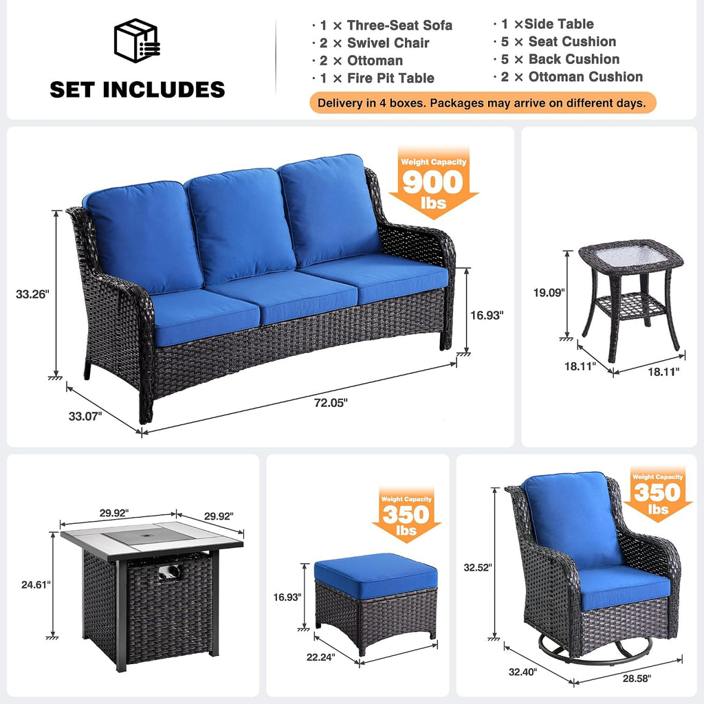 ovios 7 Pieces Patio Furniture Set with 30 inch Fire Pit Table, Outdoor Wicker Sofa Couch Swivel Rocking Glider Chairs, Modern Luxury Conversation Set, Brown Wicker, Navy Blue