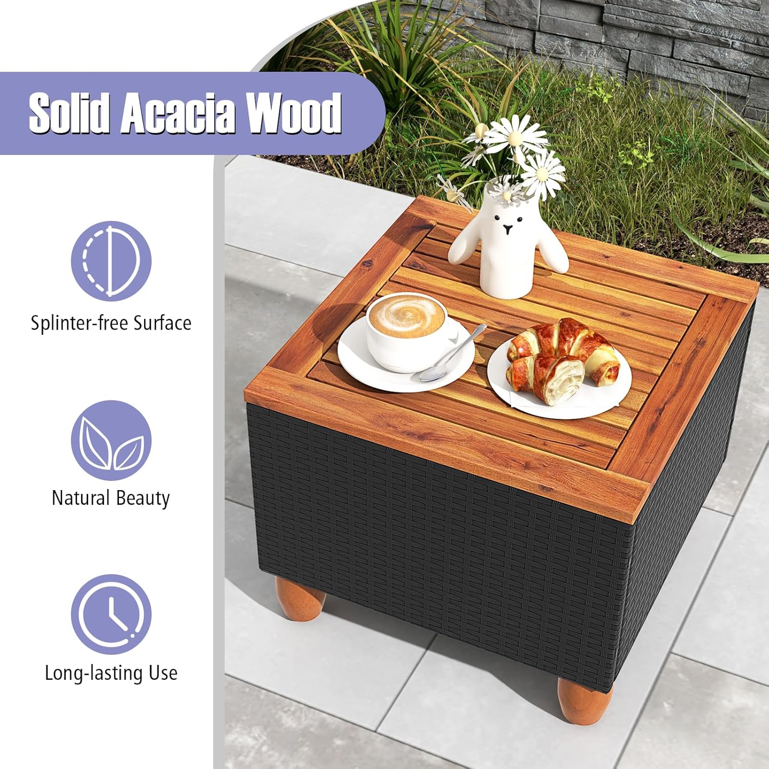 Tangkula 3 Pieces Patio Porch Furniture Set, PE Rattan Wicker Chair Conversation Set with Cushions and Storage Table, Outdoor Acacia Wood Bistro Set for Garden, Poolside (Grey)