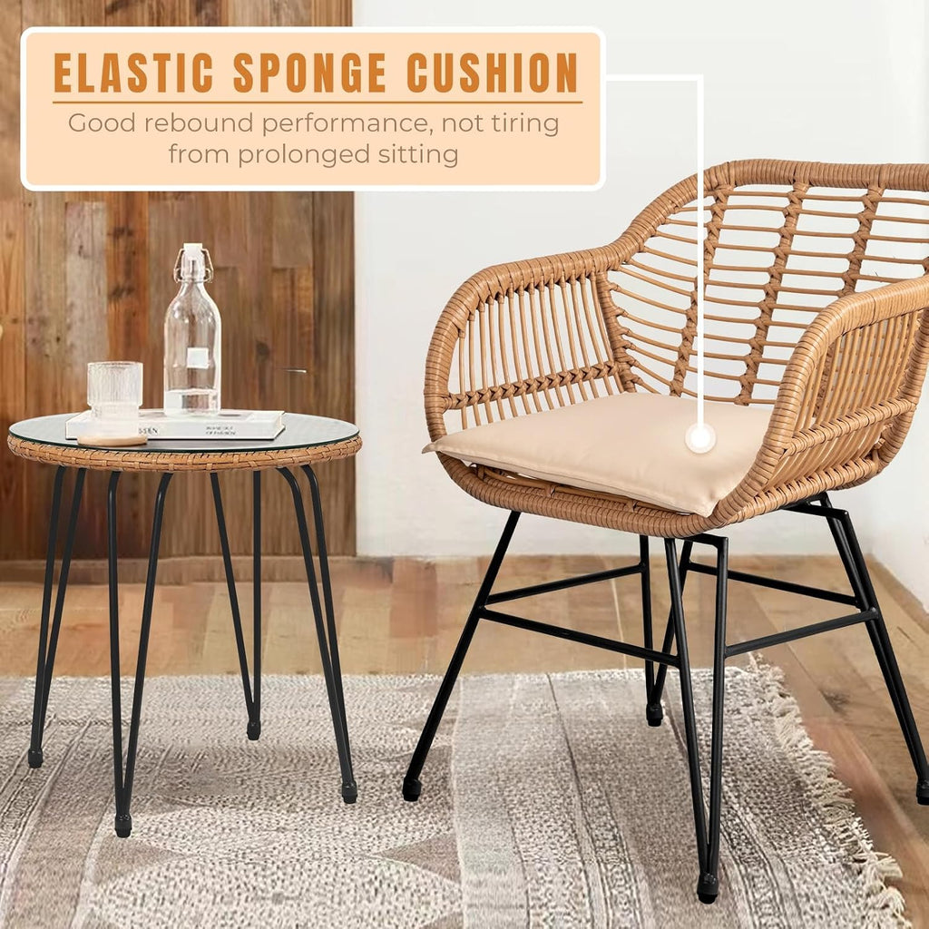 3 Piece Outdoor Wicker Furniture Bistro Set, Rattan Chairs Conversation Sets Wicker Patio Furniture for Balcony Poolside Backyard, Beige