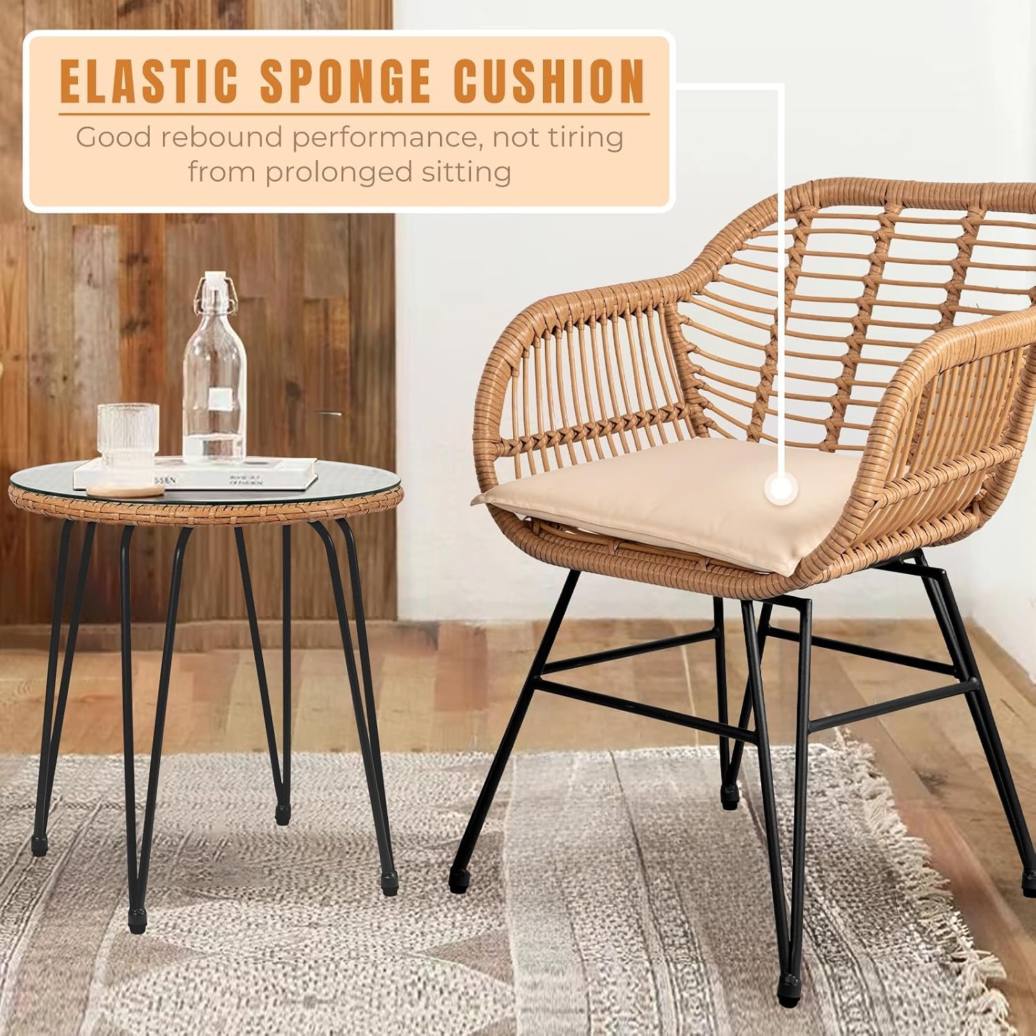 3 Piece Outdoor Wicker Furniture Bistro Set, Rattan Chairs Conversation Sets Wicker Patio Furniture for Balcony Poolside Backyard, Beige