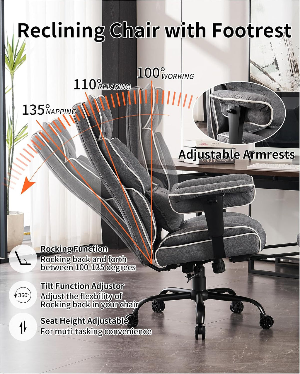 Efomao Fabric Office Chair, Big and Tall Office Chair 400 lb Weight Capacity, High Back Executive Office Chair with Foot Rest, Ergonomic Office Chair for Back Pain Relief, Gray
