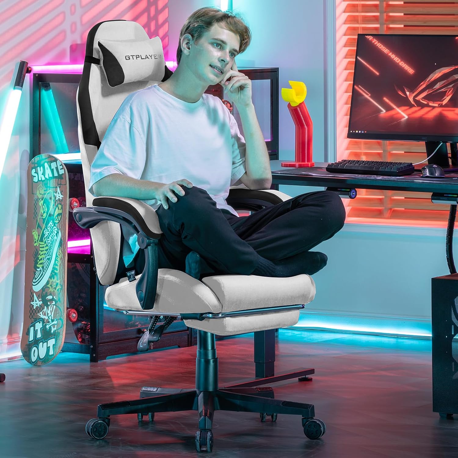 GTPLAYER Gaming Chair, Computer Office Chair Lumbar Support, Linkage Armrests and Footrest, Ergonomic Game Chair for Adults with Extended Backrest, Fabric, Grey