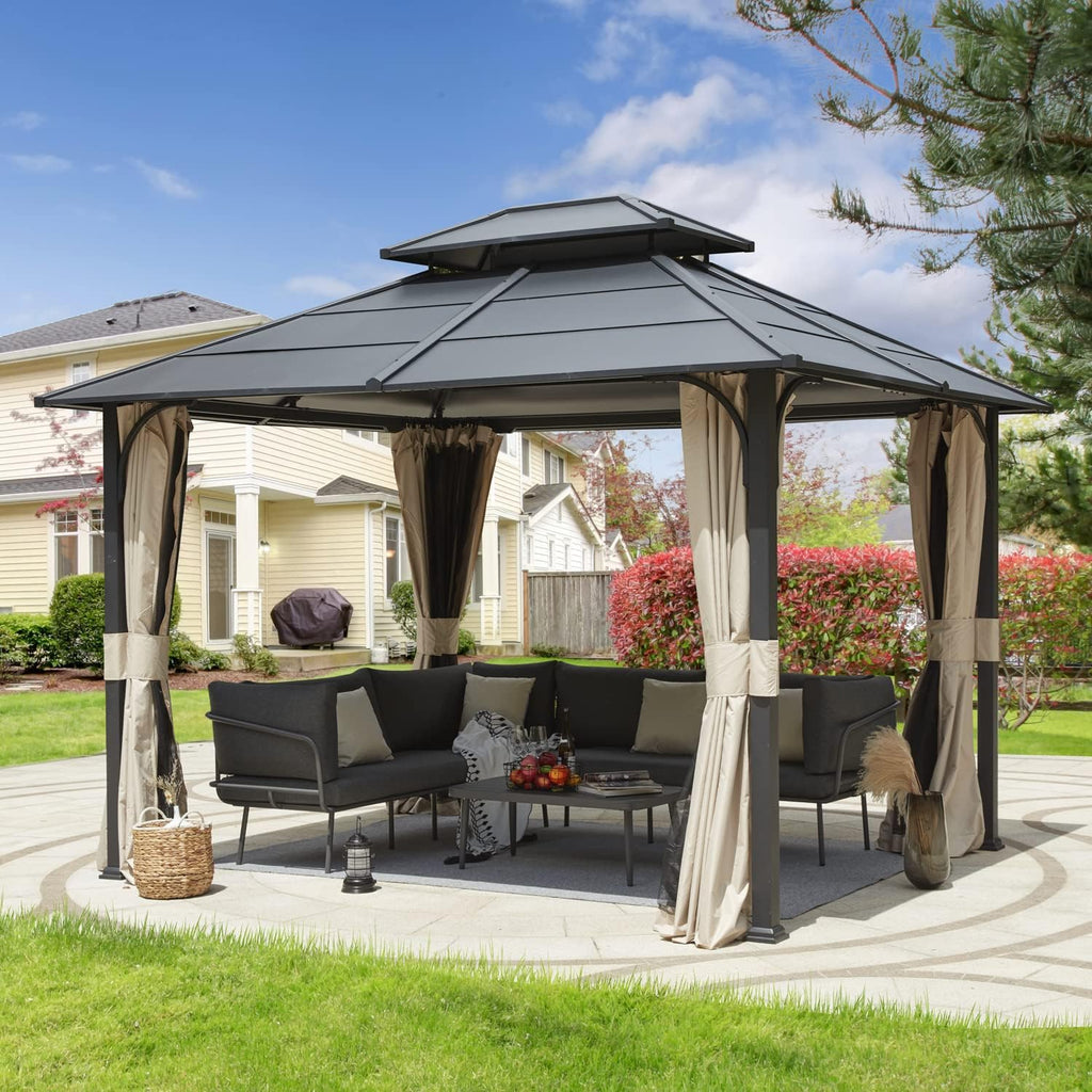EROMMY 10'x12' Hardtop Gazebo, Double Metal Roof Canopy with Aluminum Frame, Netting and Shaded Curtains Included, Permanent Pavilion Gazebos for Patio, Backyard, Deck, Lawn, Poolside