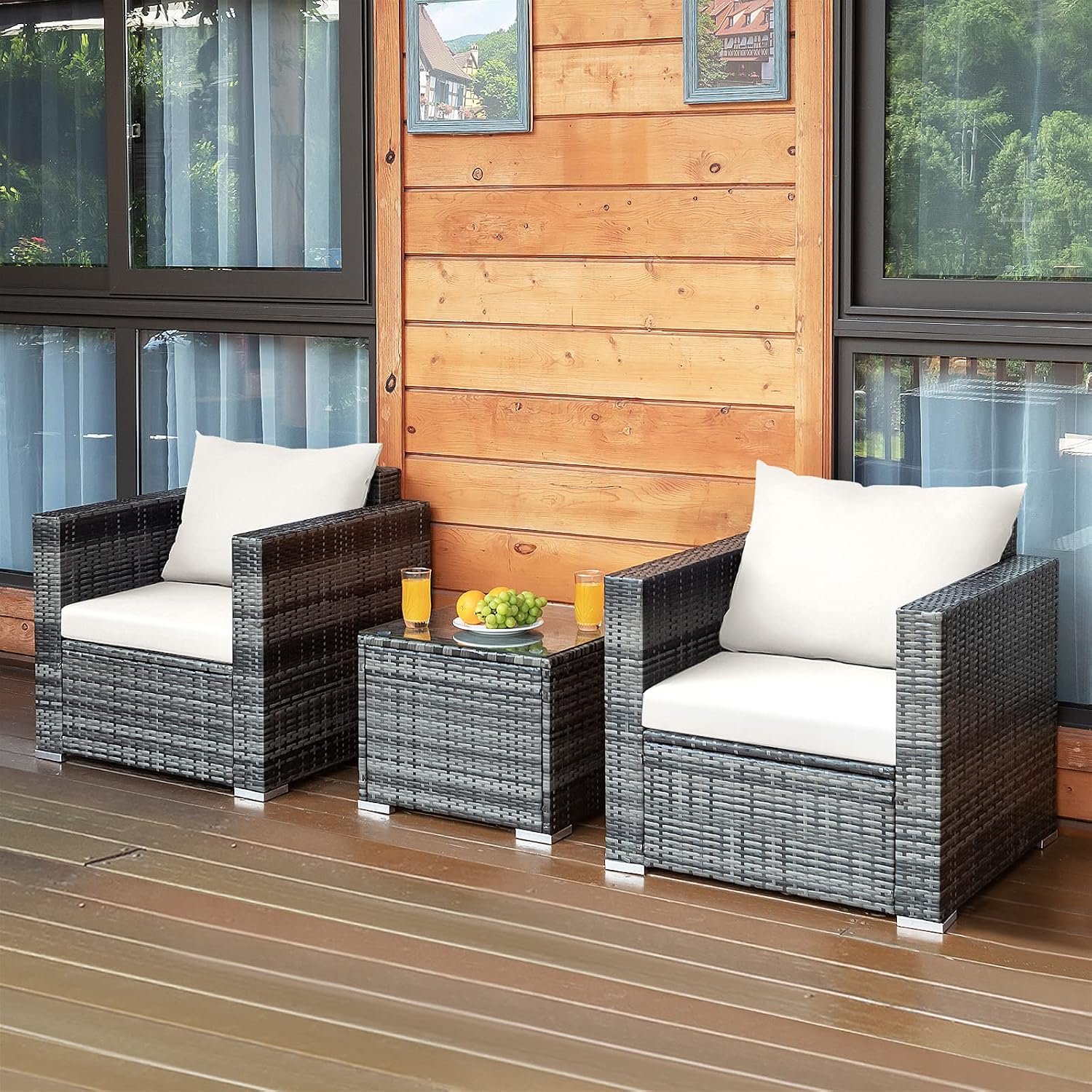 HAPPYGRILL 3 PCS Patio Conversation Set Outdoor Rattan Wicker Sofa Set with Coffee Table Patio Furniture Set with Soft Cushions for Balcony Porch Backyard Garden