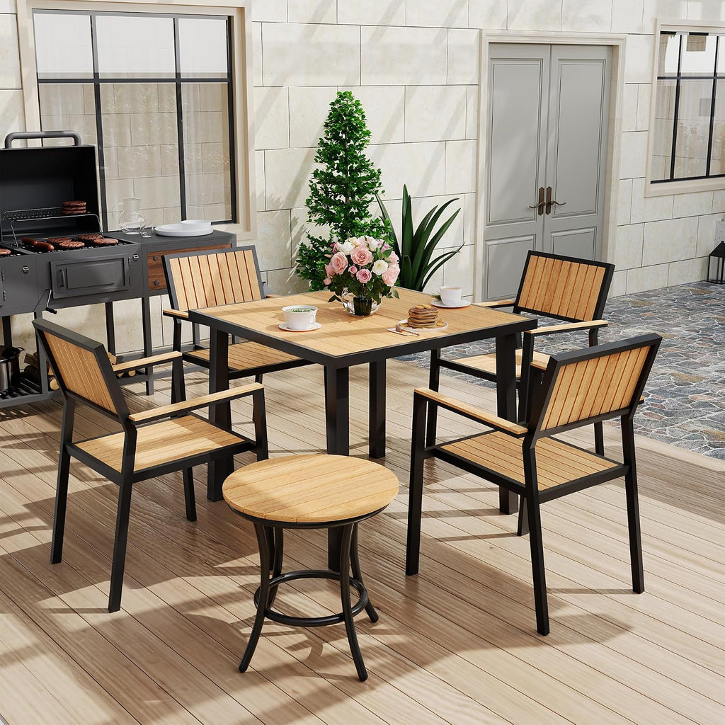 Pamapic 6-Piece Patio Dining Set，Outdoor Aluminum Furniture Set with Plastic-Wood Table Top,Outdoor Furniture Set with 4 Outdoor Stackable Chairs for Patio Garden Poolside (Teak)