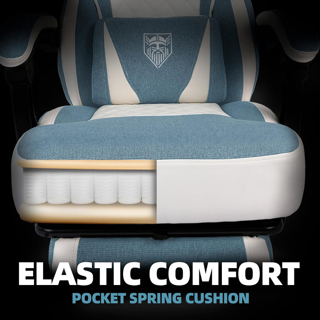 Vonesse Gaming Chair, Reclining Fabric Gaming Chairs for Adults 250LBS, Office Chair with Pocket Spring Cushion, Computer Chair with Footrest and Massage Lumbar Support (Blue)