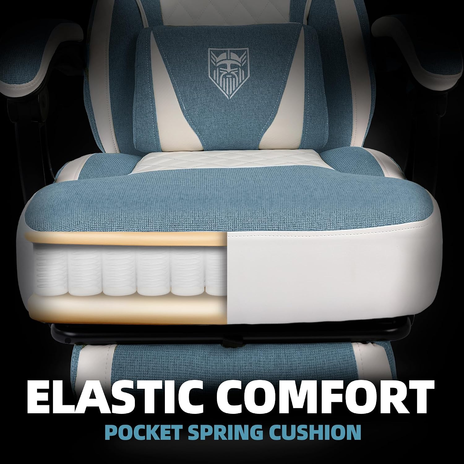 Vonesse Gaming Chair, Reclining Fabric Gaming Chairs for Adults 250LBS, Office Chair with Pocket Spring Cushion, Computer Chair with Footrest and Massage Lumbar Support (Blue)