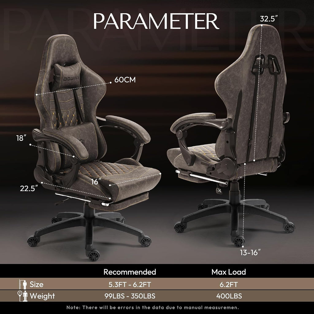 Dowinx Big & Tall Vintage Gaming Chair for Adults, 400 lb Capacity Heavy Duty Ergonomic Computer Chair with Massage Lumbar, Footrest & Easy Side Recline, Brown
