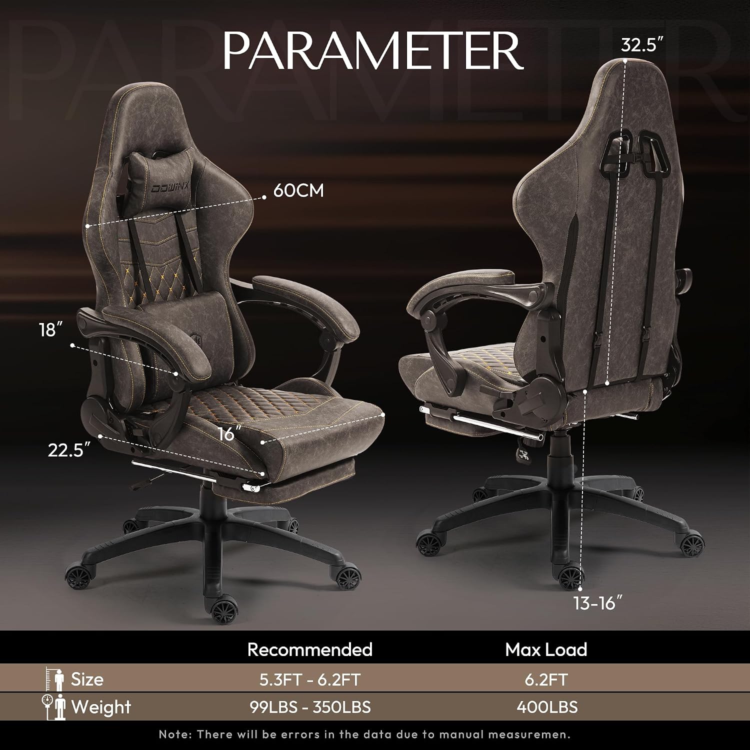Dowinx Big & Tall Vintage Gaming Chair for Adults, 400 lb Capacity Heavy Duty Ergonomic Computer Chair with Massage Lumbar, Footrest & Easy Side Recline, Brown
