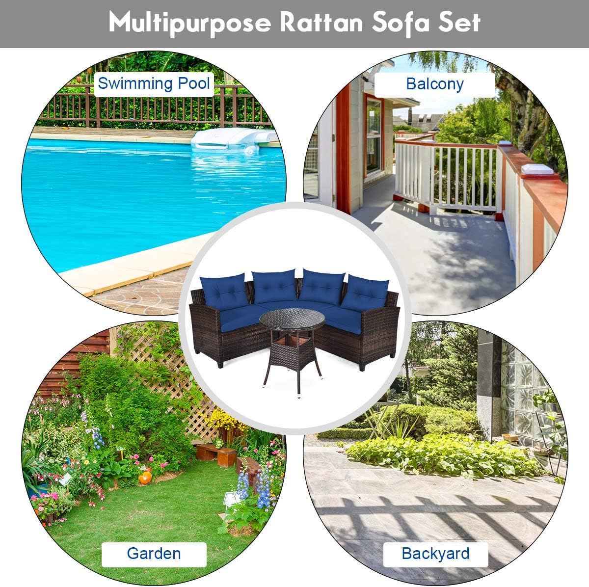 Tangkula 4-Piece C Shape Patio Furniture Set, Outdoor Corner Wicker Rattan Sectional Cushioned Sofa Set, with Glass Coffee Table, for Garden Poolside Balcony (Navy Blue)