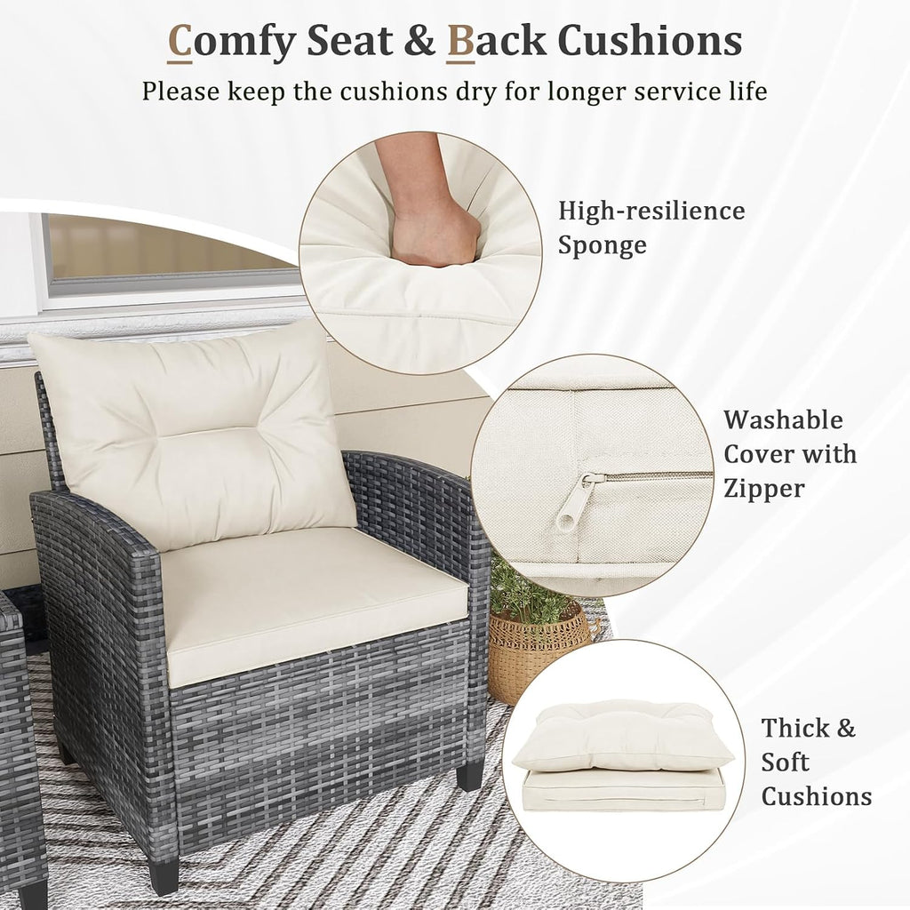 KOTEK 3 Piece Patio Furniture Set, Outdoor PE Rattan Conversation Set with Washable Cushions & Tempered Glass Tabletop, Wicker Chairs and Table Set for Porch, Garden, Balcony (White)