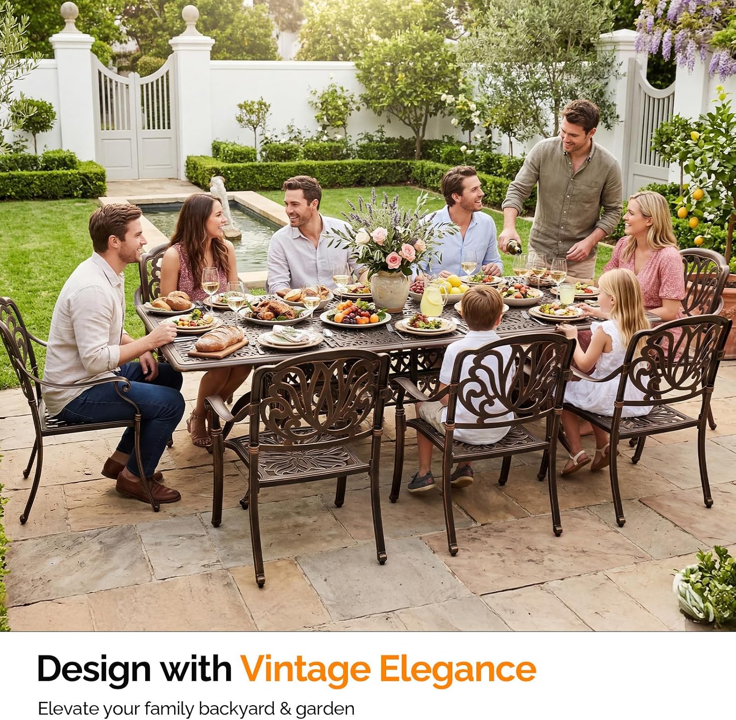 VINGLI 9-Piece Cast Aluminum Outdoor Dining Set for 8, Rectangular Patio Table with Umbrella Hole & 8 Stackable Chairs, All-Weather Garden/Poolside Furniture