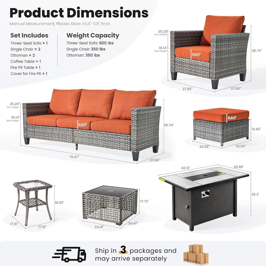 ovios 7 Pieces Patio Furniture Set with 42' Fire Pit Table, Outdoor Sofa Couch with Solar Lights Table Comfy Cushions, Modern Deep Seat Wicker Rattan Conversation Set, Orange Red