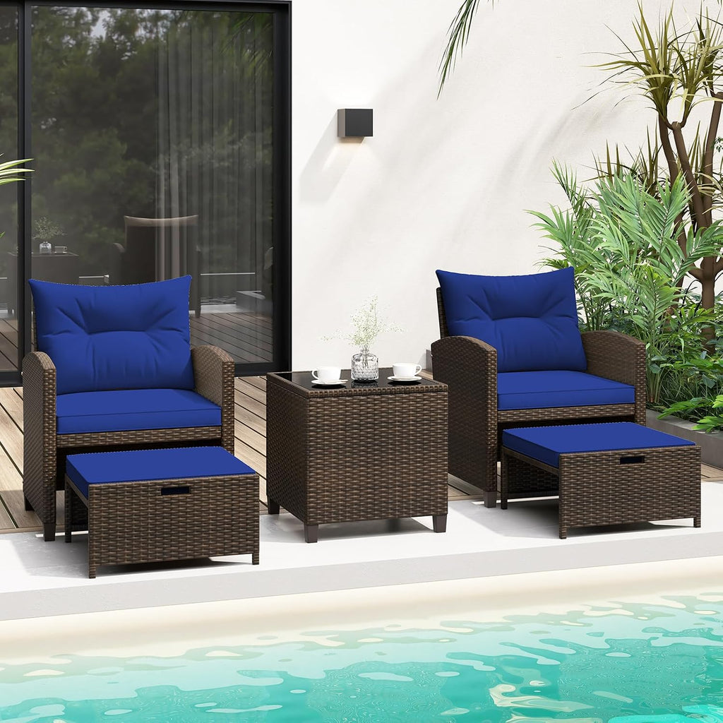 KOTEK 5 Pieces Patio Furniture Set with Ottomans, Wicker Patio Conversation Set with Coffee Table & Cushions, PE Rattan Outdoor Lounge Chairs for Backyard, Porch, Poolside (Mix Brown- Navy)