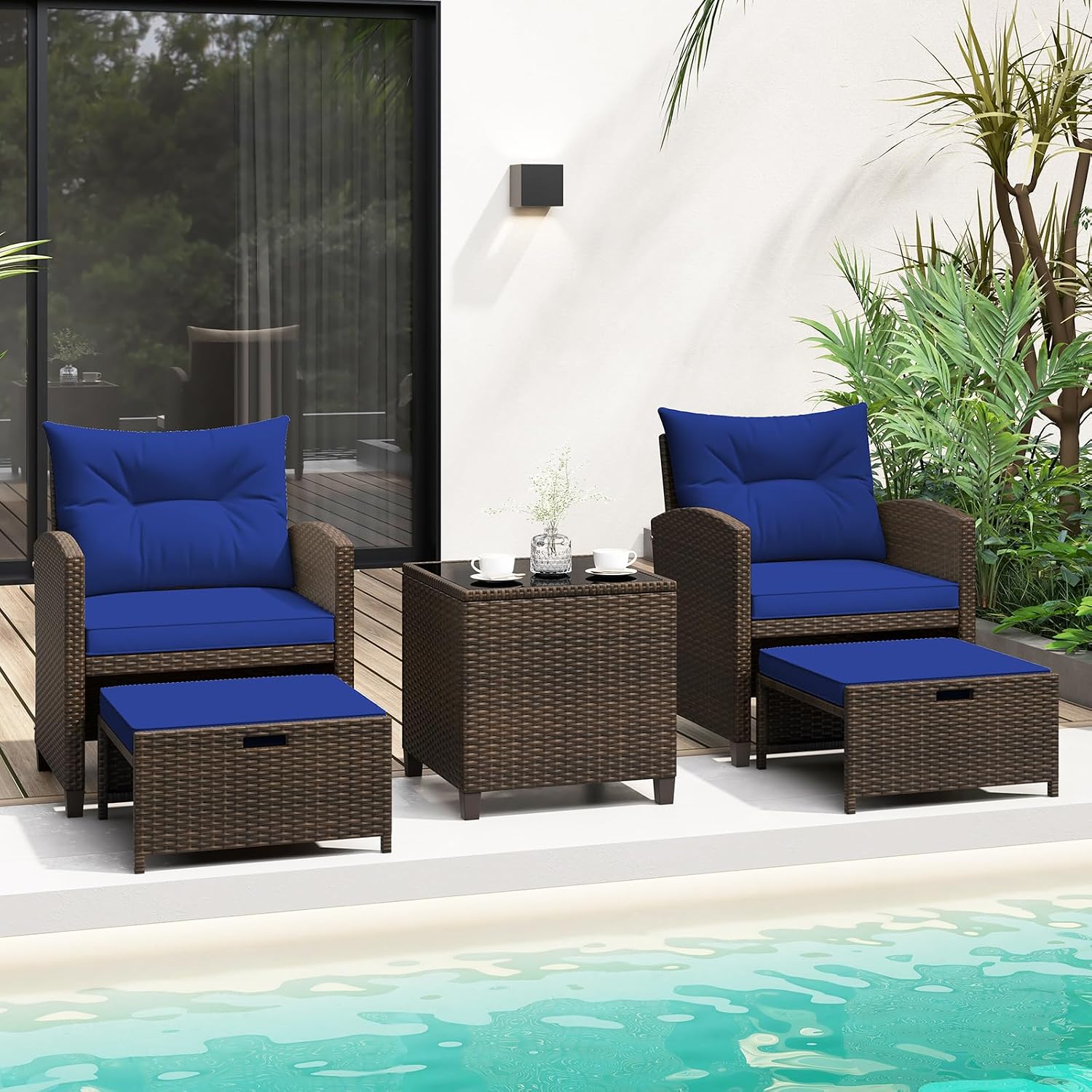 KOTEK 5 Pieces Patio Furniture Set with Ottomans, Wicker Patio Conversation Set with Coffee Table & Cushions, PE Rattan Outdoor Lounge Chairs for Backyard, Porch, Poolside (Mix Brown- Navy)
