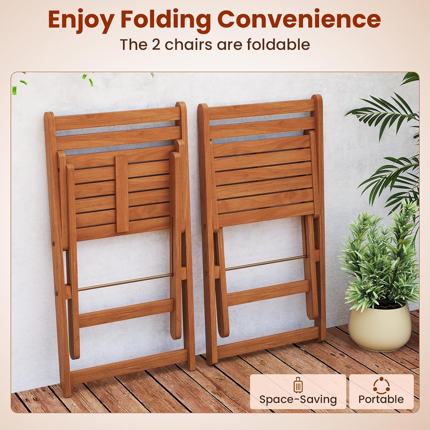 Tangkula 3 Pieces Solid Wood Patio Bistro Set with 2 Folding Chairs, Outdoor Table and Chairs Set, Balcony Furniture Set, Small Patio Set for Porch, Deck, Garden and Backyard