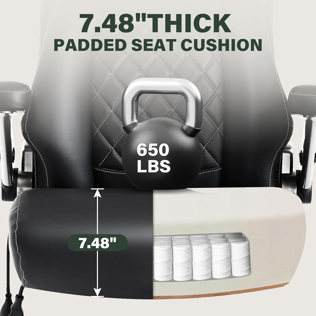 Large Big and Tall Office Chair 650lbs with Thick Spring Cushion, 5D Flip Arm Ergonomic Executive Office Chair Adjustable Lumbar Airbag&Extra Wide, Comfy Padded Heavy Duty Game Chair Dual Rubber Wheel