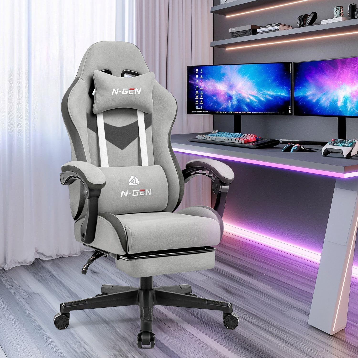 N-GEN GAMING Video Gaming Chair Office Computer Desk Use Ergonomic Reclining Backrest Adjustable Armrests Lumbar Support Footrest High Density Foam Breathable Fabric Heavy Duty Base (Grey)