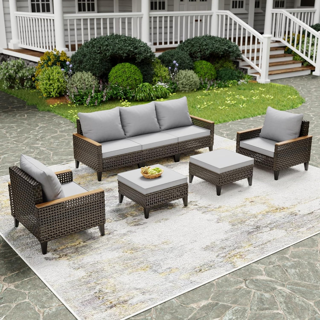 7 Piece Patio Furniture Set, All-Weather Wicker Rattan Outdoor Sectional Sofa Set with High Backrest and Thick Cushions for Garden, Porch, Poolside, Grey