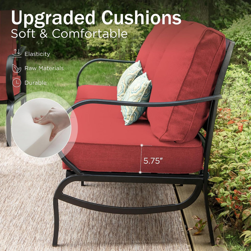 PHI VILLA 5 Piece Metal Patio Furniture Set with 5.75' Cushion, Modern Outdoor Furniture Set with 3 Seater Patio Sofa, 2 Swivel Chairs & 2 Ottoman, Deep Seat Patio Conversation Sets for Garden, Red