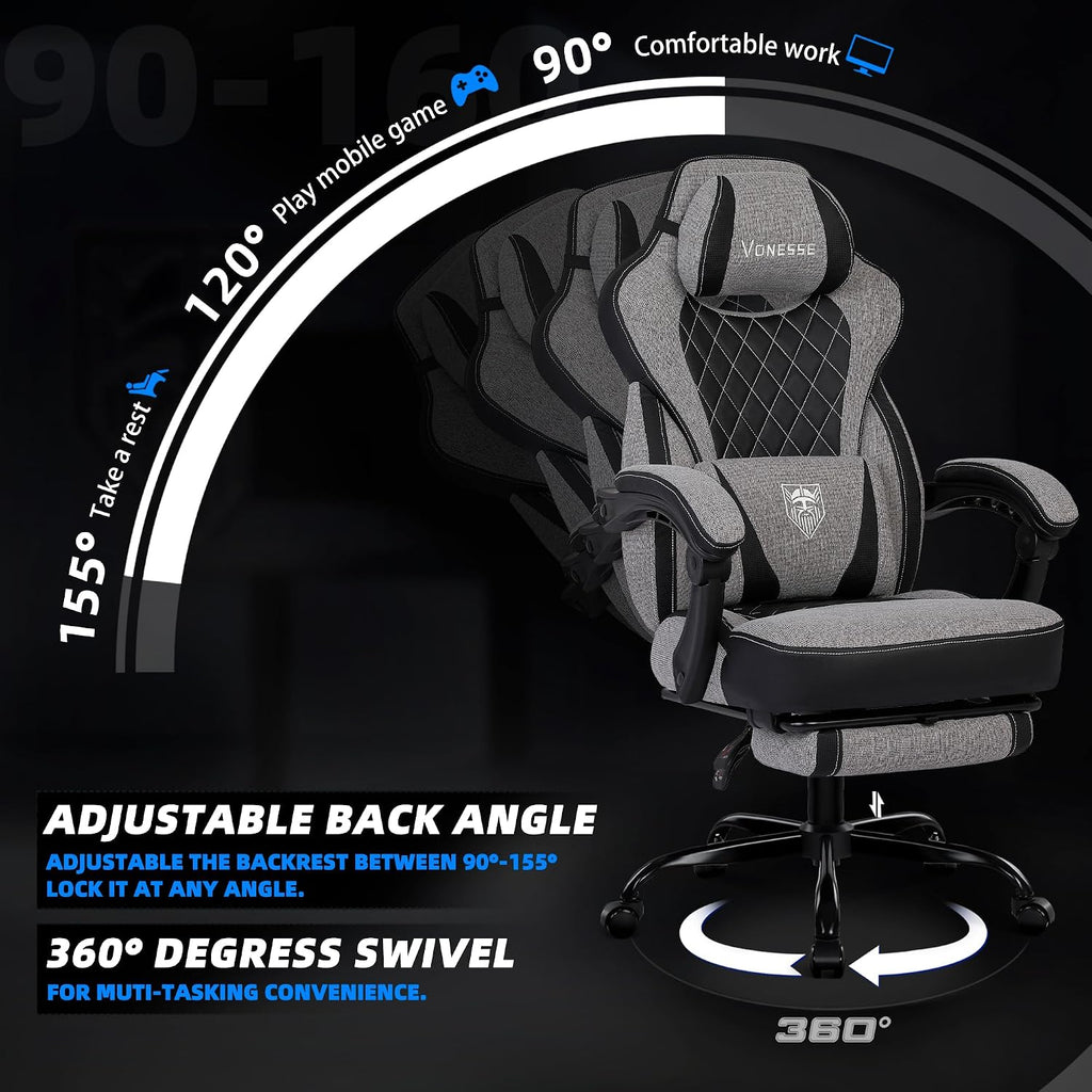 Vonesse Gaming Chair, Reclining Fabric Gaming Chairs for Adults 250LBS, Office Chair with Pocket Spring Cushion, Computer Chair with Footrest and Massage Lumbar Support (Grey)